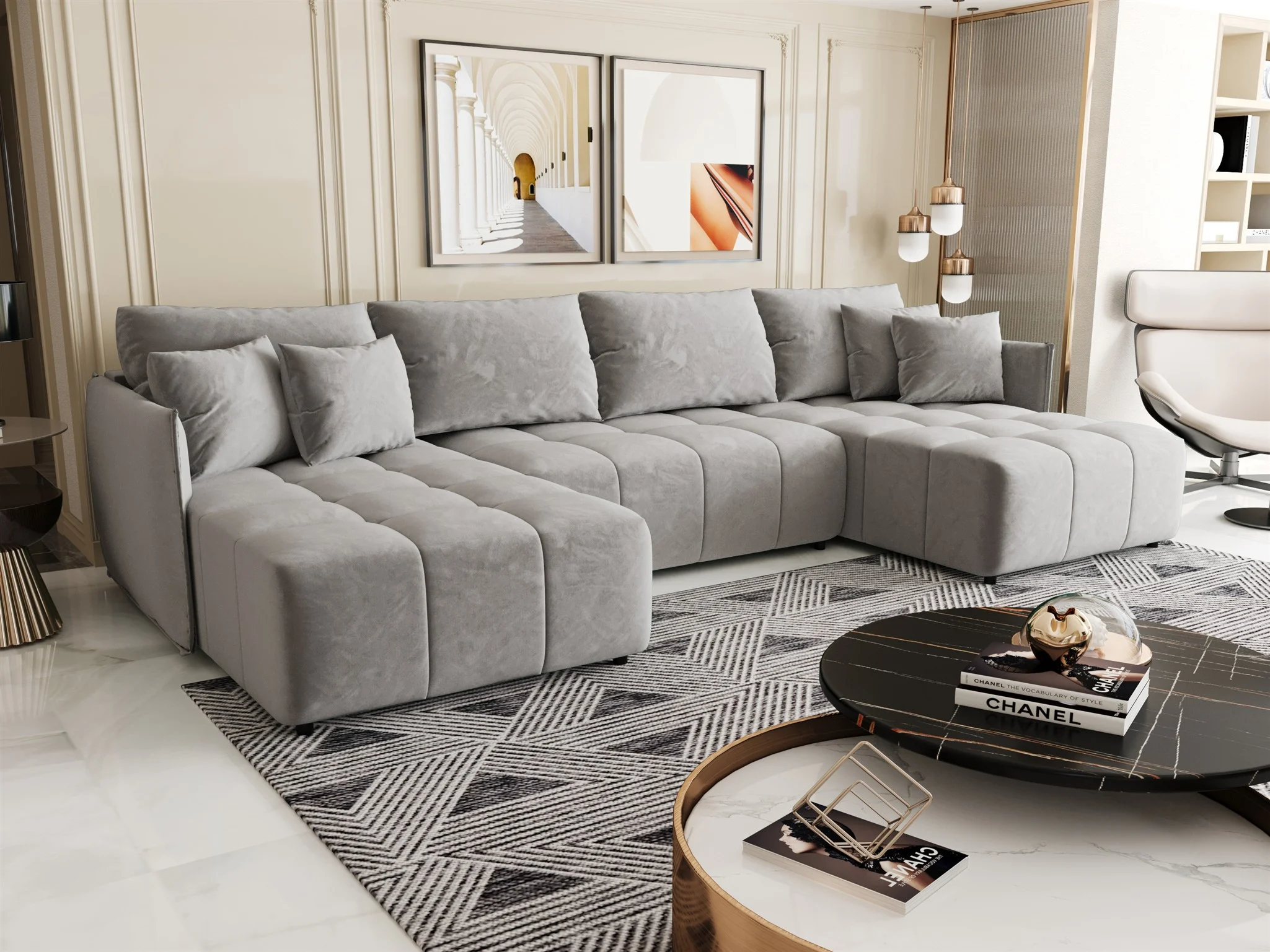 Wohnlandschaft Schlafsofa Sofa TREVISO Stoff Monolith Hellgrau - Fun Möbel