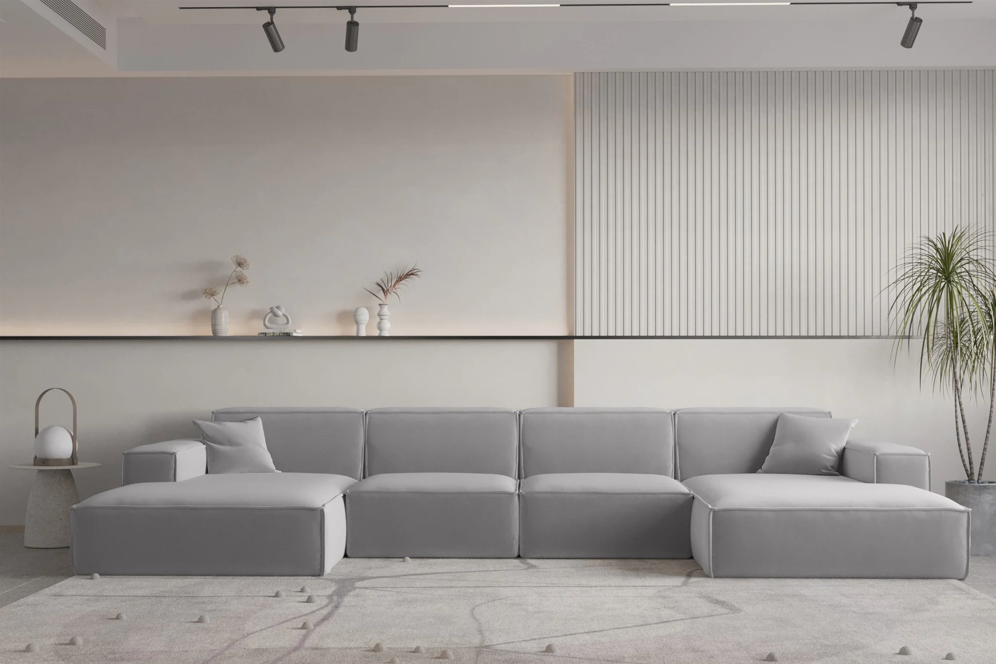 Wohnlandschaft U-Form CELES PREMIUM in Stoff Opera Velvet Hellgrau