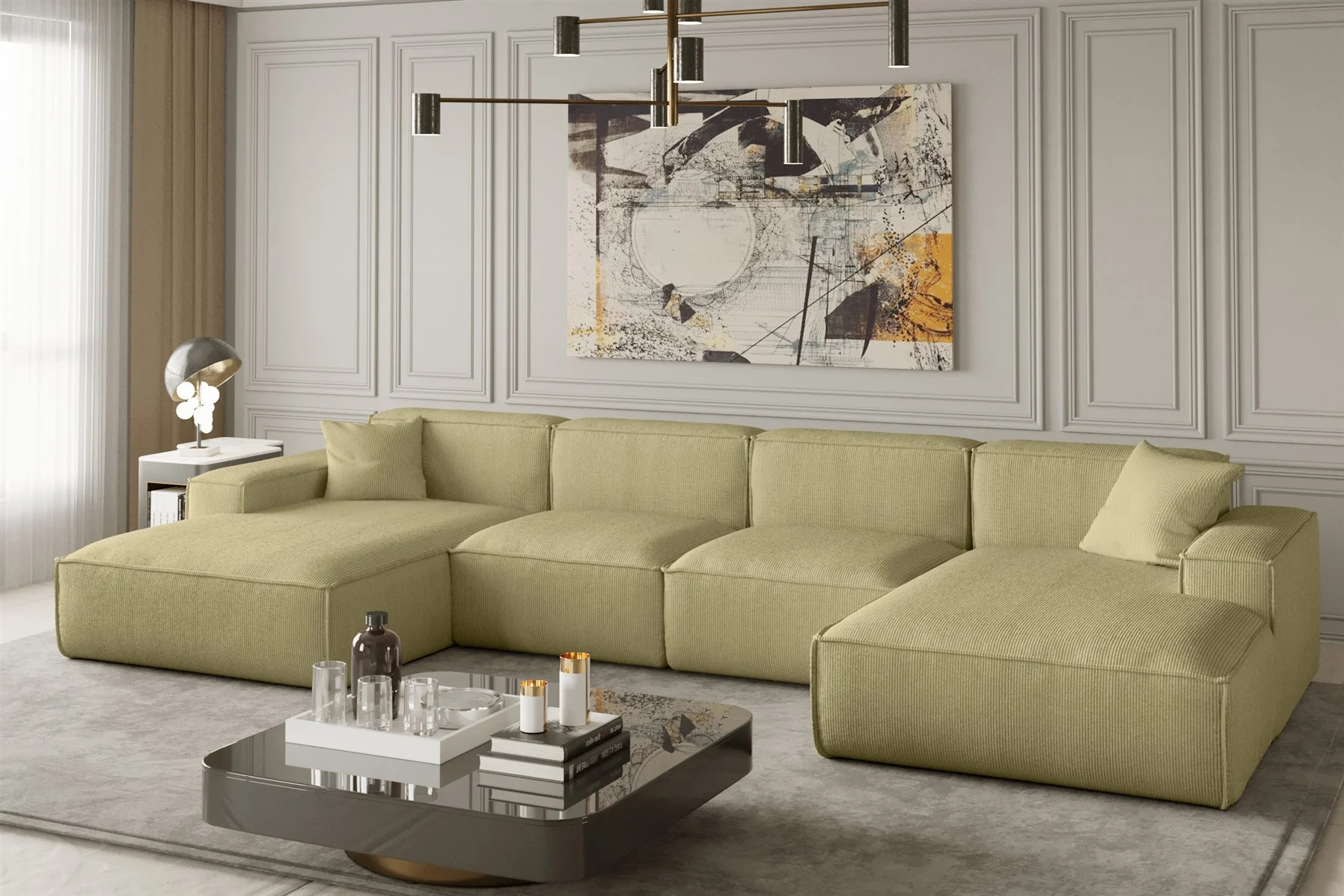 Wohnlandschaft U-Form CELES in Stoff Scala Limette
