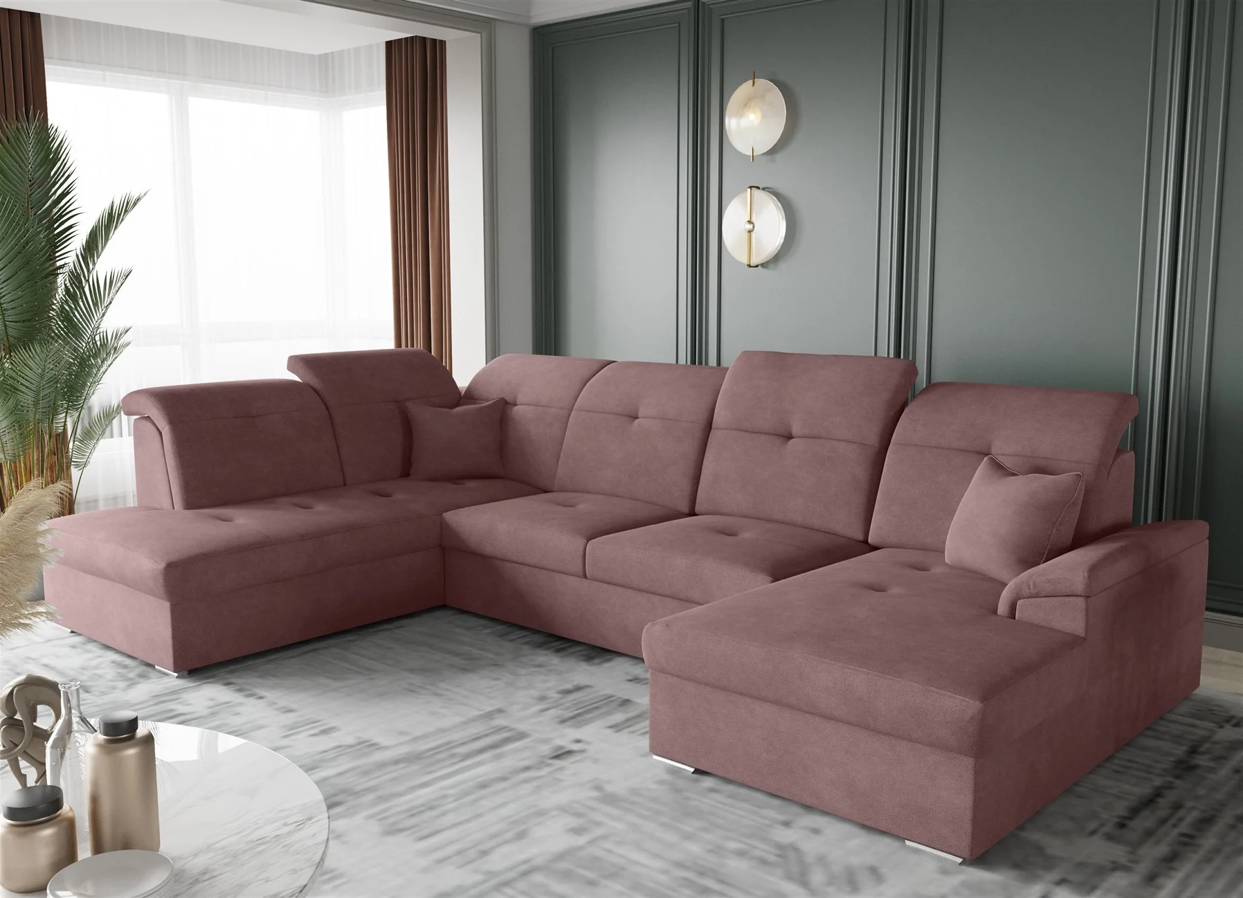 Wohnlandschaft Schlafsofa FREJA Stoff Brooklyn Altrosa Langer Schenkel Links - Fun Moebel