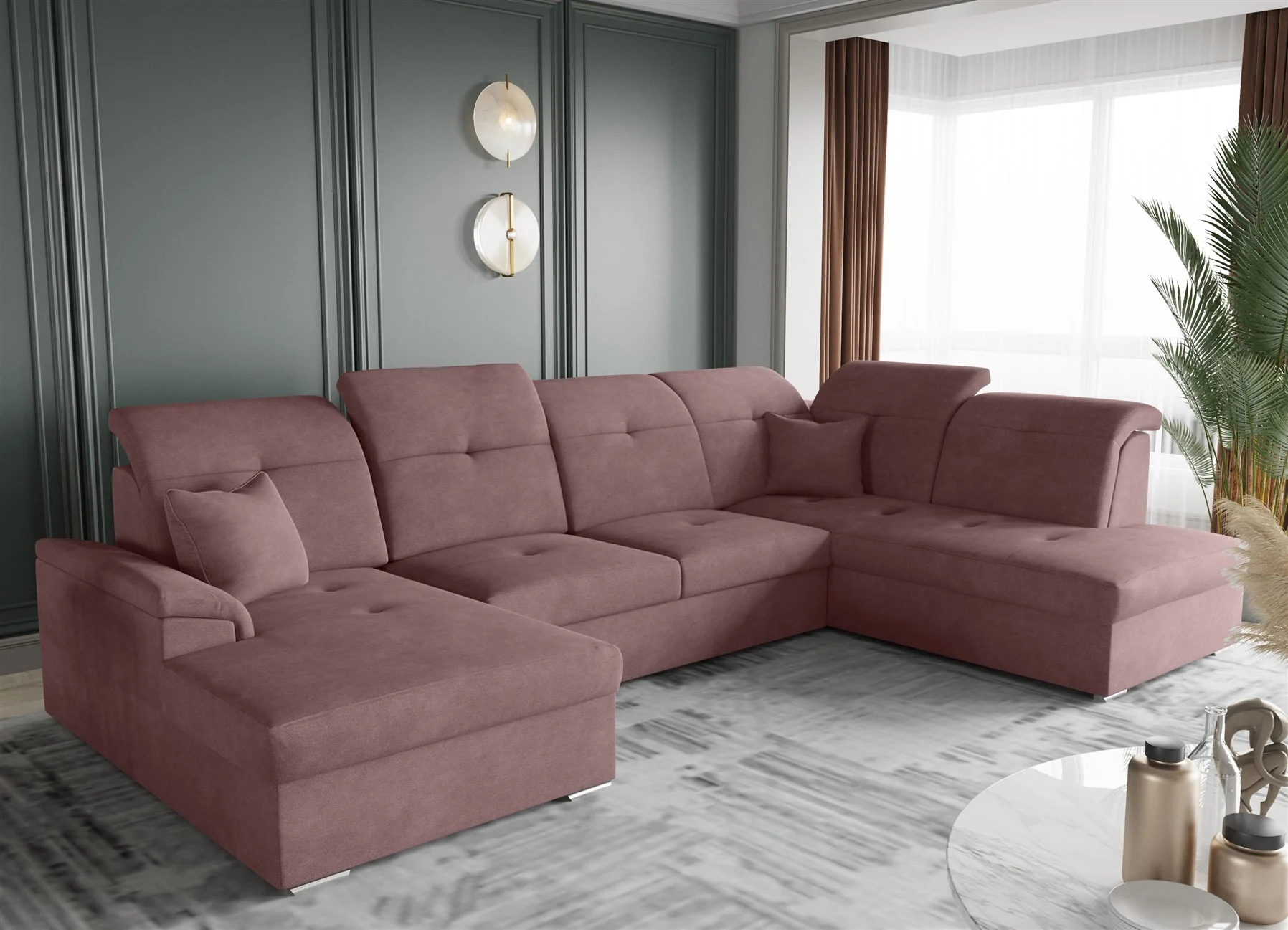 Wohnlandschaft Schlafsofa FREJA Stoff Brooklyn Altrosa Langer Schenkel Rechts - Fun Moebel