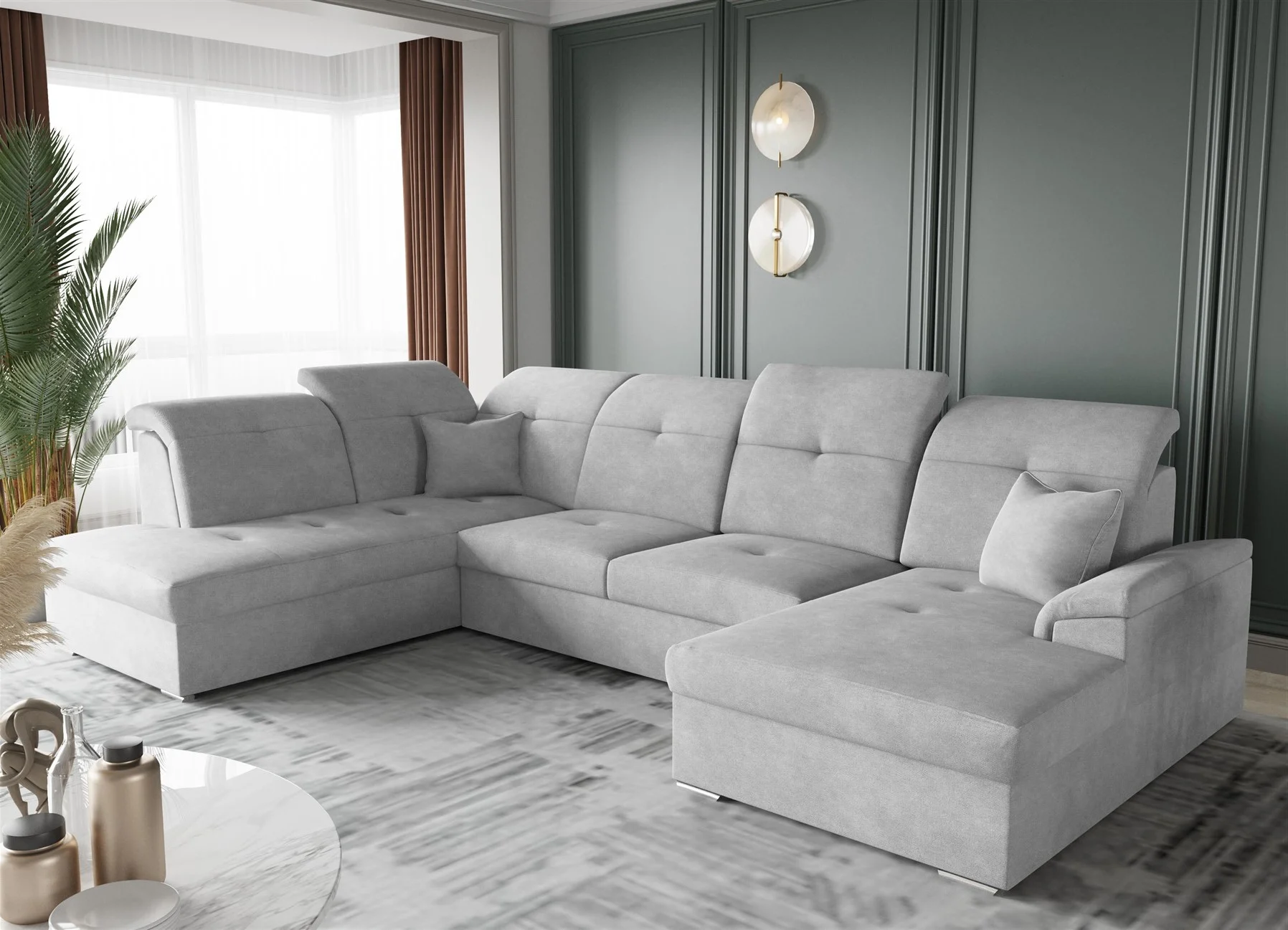 Wohnlandschaft Schlafsofa FREJA Stoff Brooklyn Hellgrau Langer Schenkel Links - Fun Moebel