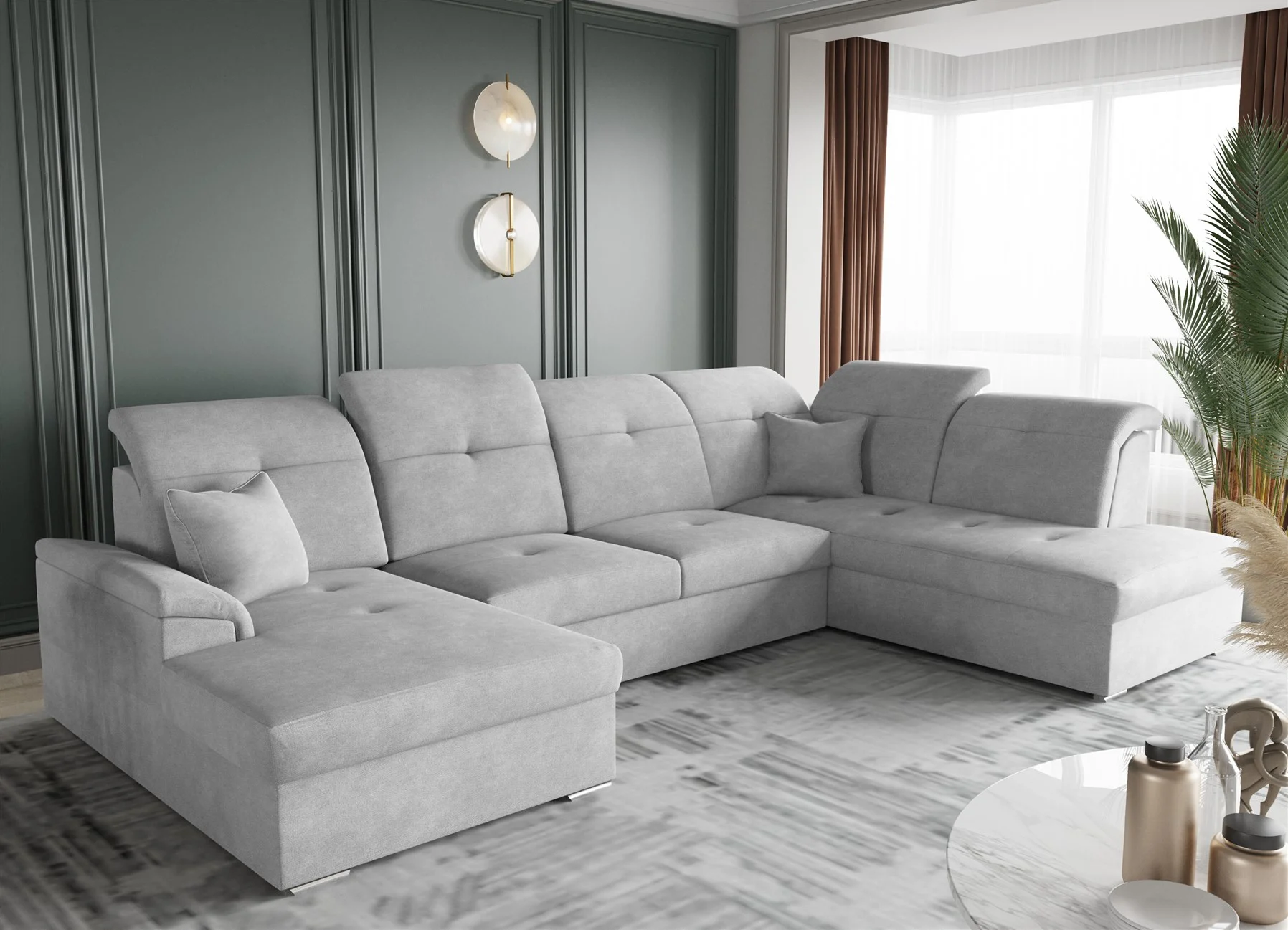 Wohnlandschaft Schlafsofa FREJA Stoff Brooklyn Hellgrau Langer Schenkel Rechts - Fun Moebel