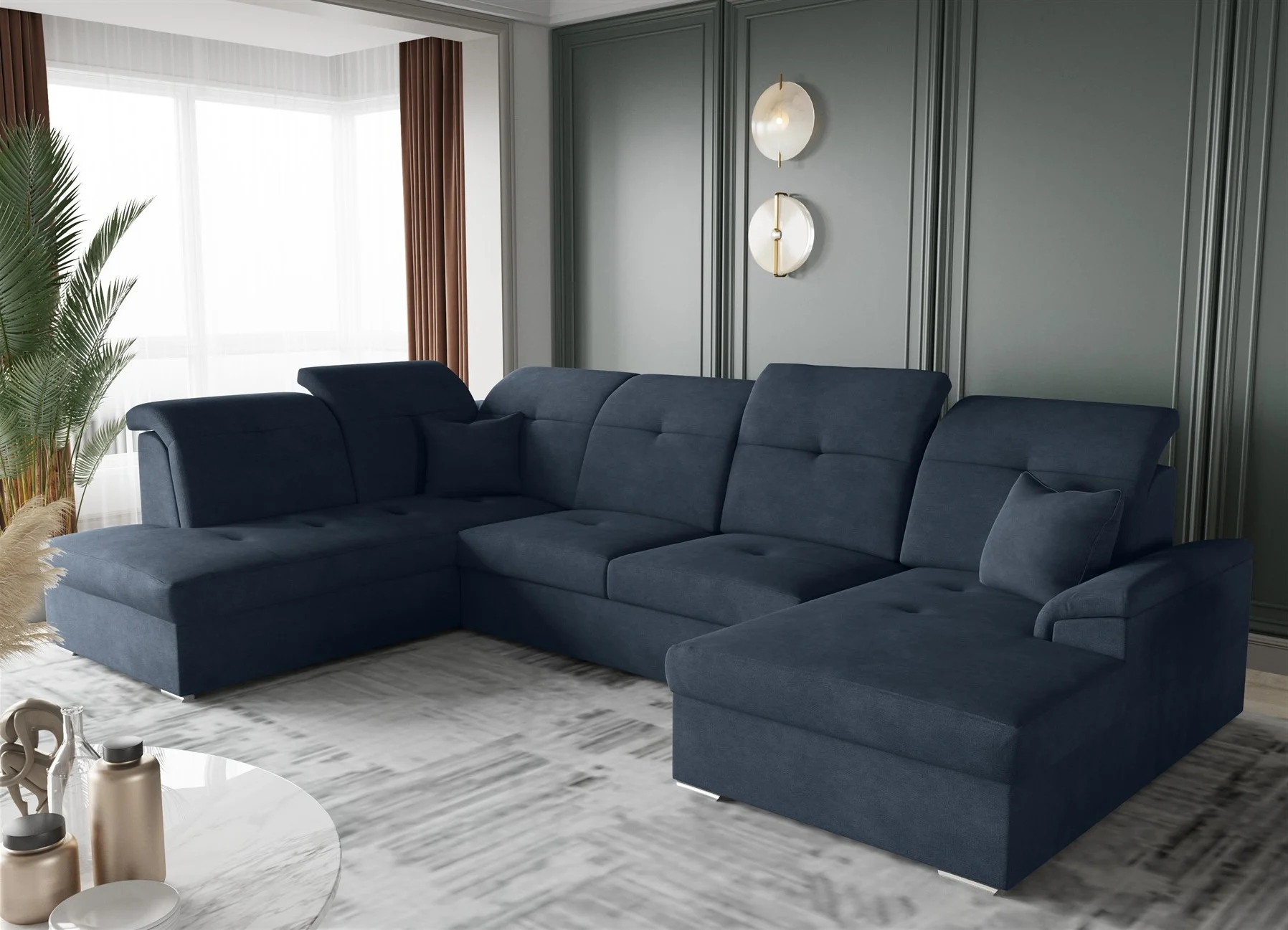 Wohnlandschaft Schlafsofa FREJA Stoff Brooklyn Marine Langer Schenkel Links - Fun Moebel