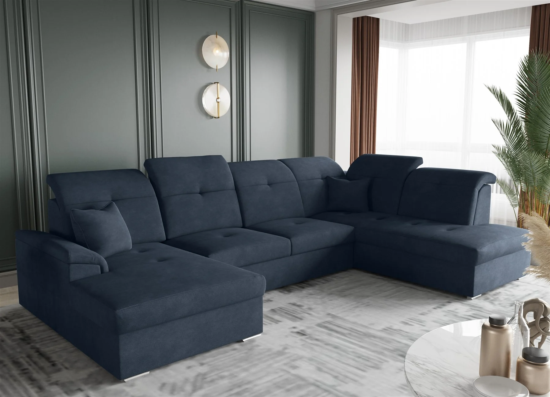 Wohnlandschaft Schlafsofa FREJA Stoff Brooklyn Marine Langer Schenkel Rechts - Fun Moebel