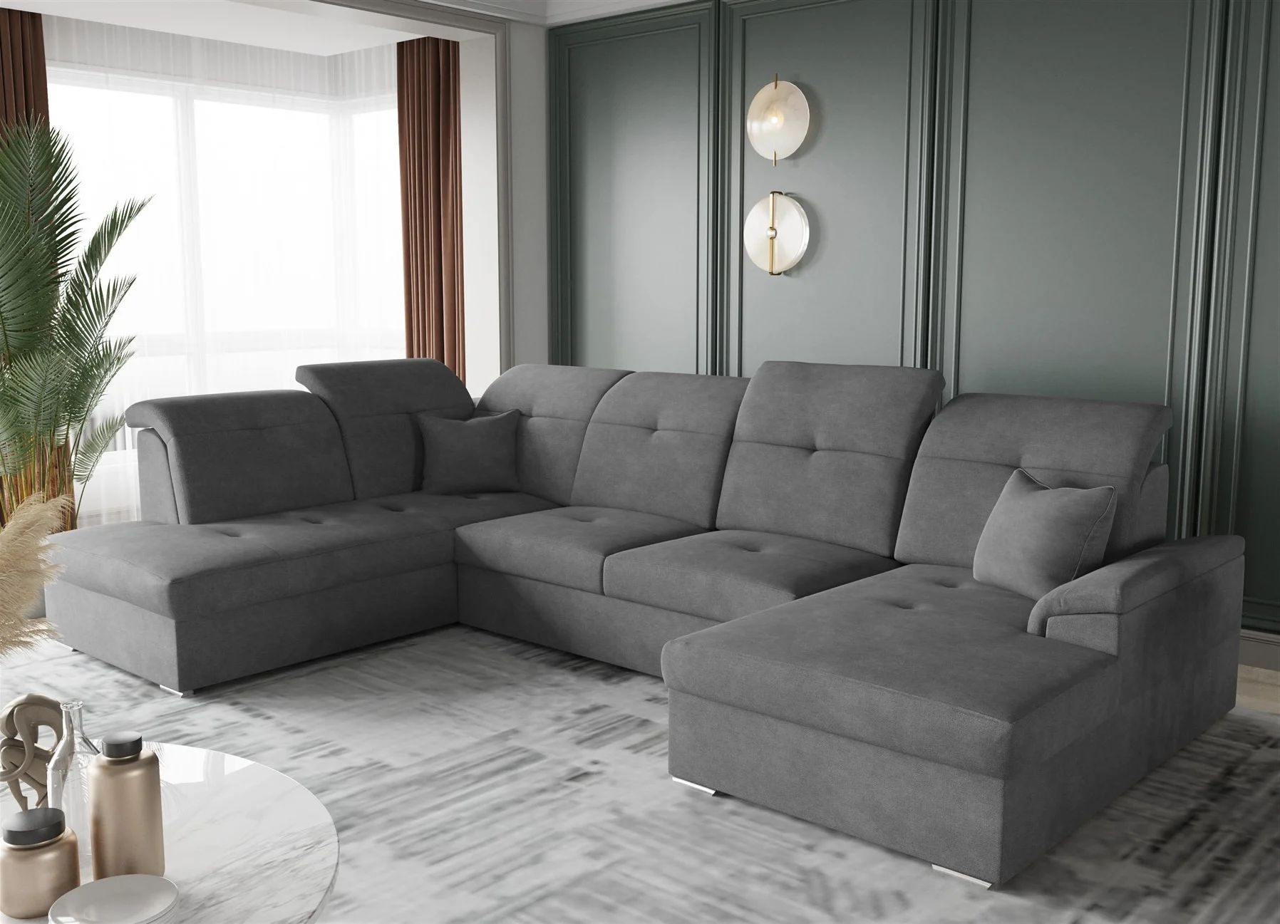 Wohnlandschaft Schlafsofa FREJA Stoff Brooklyn Anthrazit Langer Schenkel Links - Fun Moebel