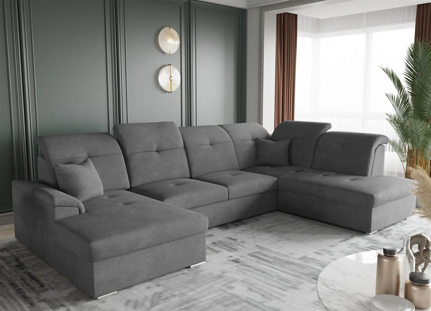Wohnlandschaft Schlafsofa FREJA Stoff Brooklyn Anthrazit Langer Schenkel Rechts - Fun Moebel