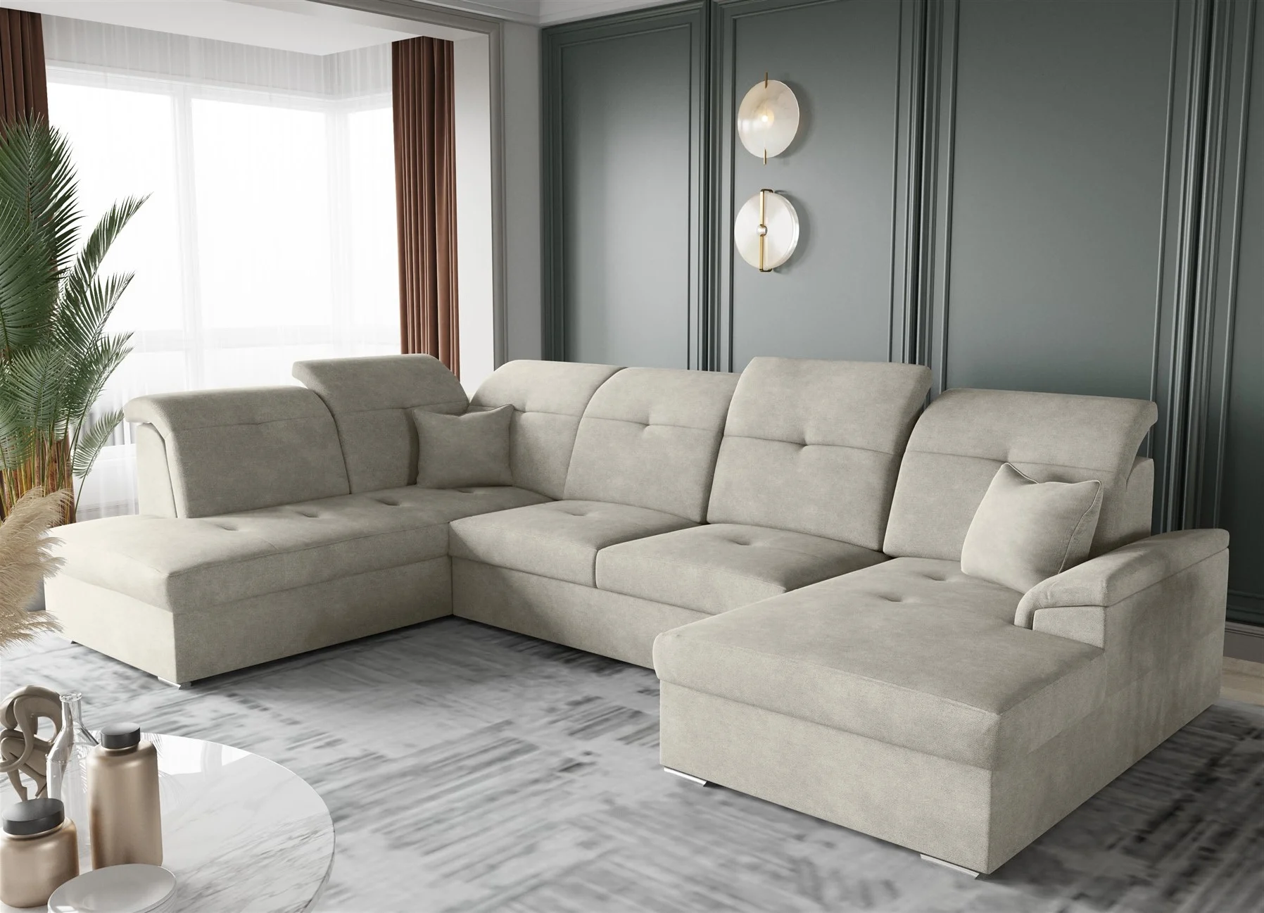 Wohnlandschaft Schlafsofa FREJA Stoff Brooklyn Beige Langer Schenkel Links - Fun Moebel