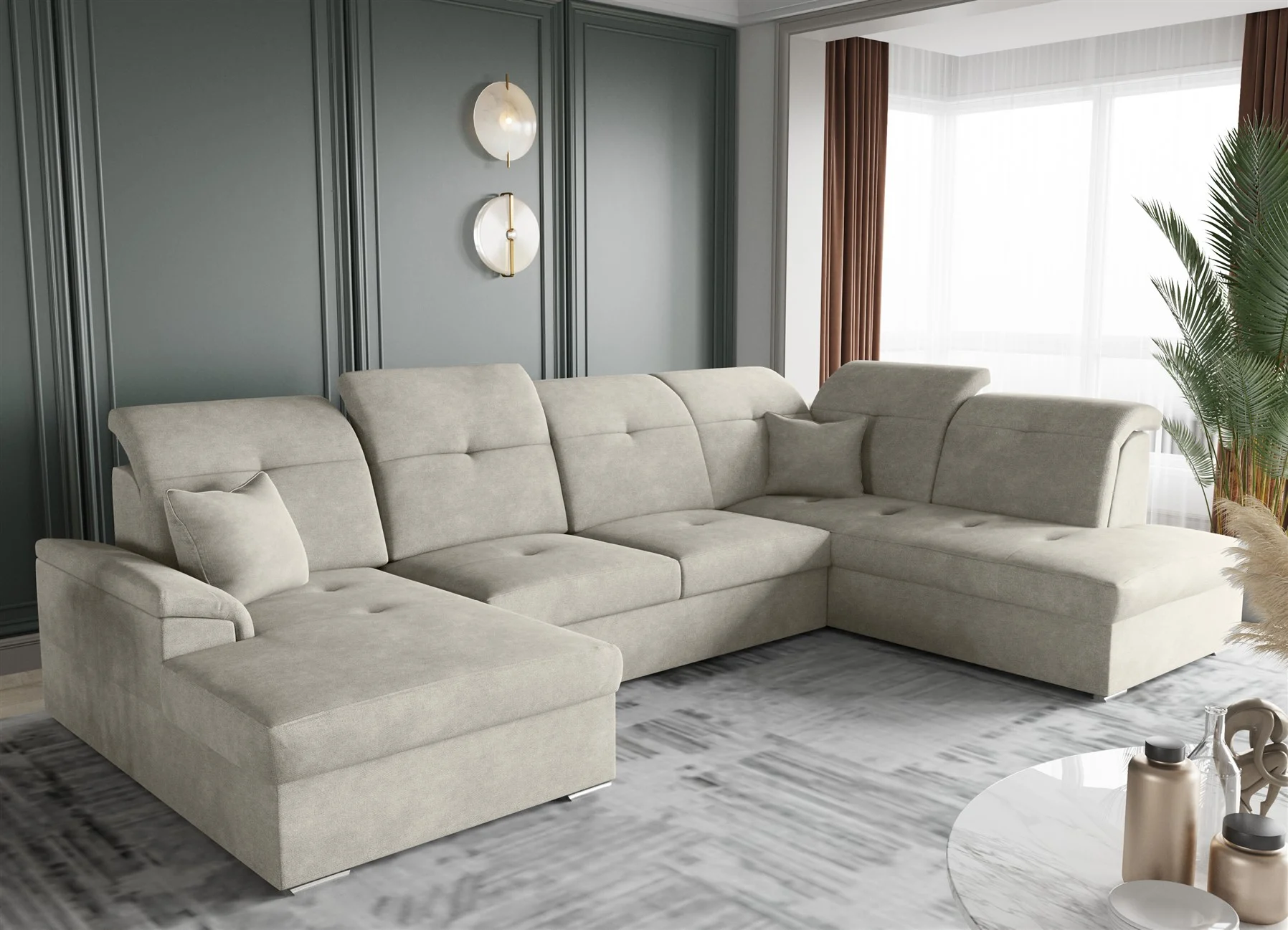 Wohnlandschaft Schlafsofa FREJA Stoff Brooklyn Beige Langer Schenkel Rechts - Fun Moebel