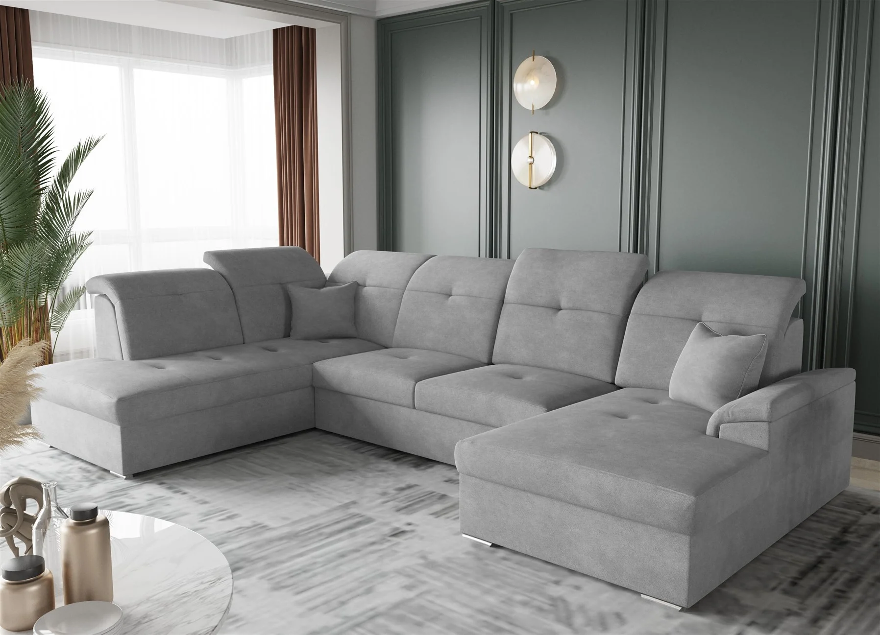 Wohnlandschaft Schlafsofa FREJA Stoff Brooklyn Betongrau Langer Schenkel Links - Fun Moebel