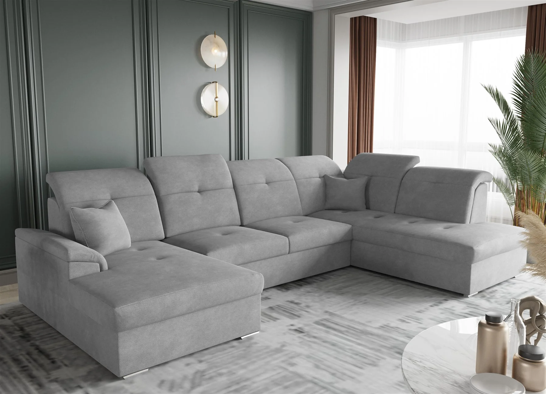 Wohnlandschaft Schlafsofa FREJA Stoff Brooklyn Betongrau Langer Schenkel Rechts - Fun Moebel