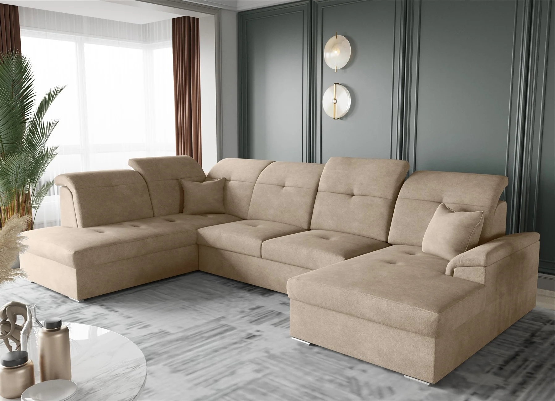 Wohnlandschaft Schlafsofa FREJA Stoff Brooklyn Cappuccino Langer Schenkel Links - Fun Moebel