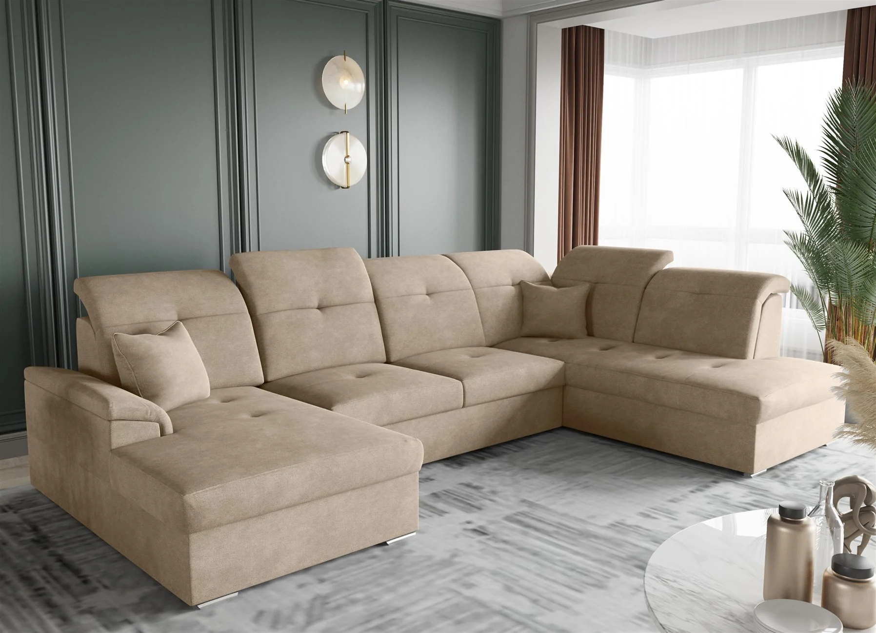 Wohnlandschaft Schlafsofa FREJA Stoff Brooklyn Cappuccino Langer Schenkel Rechts - Fun Moebel
