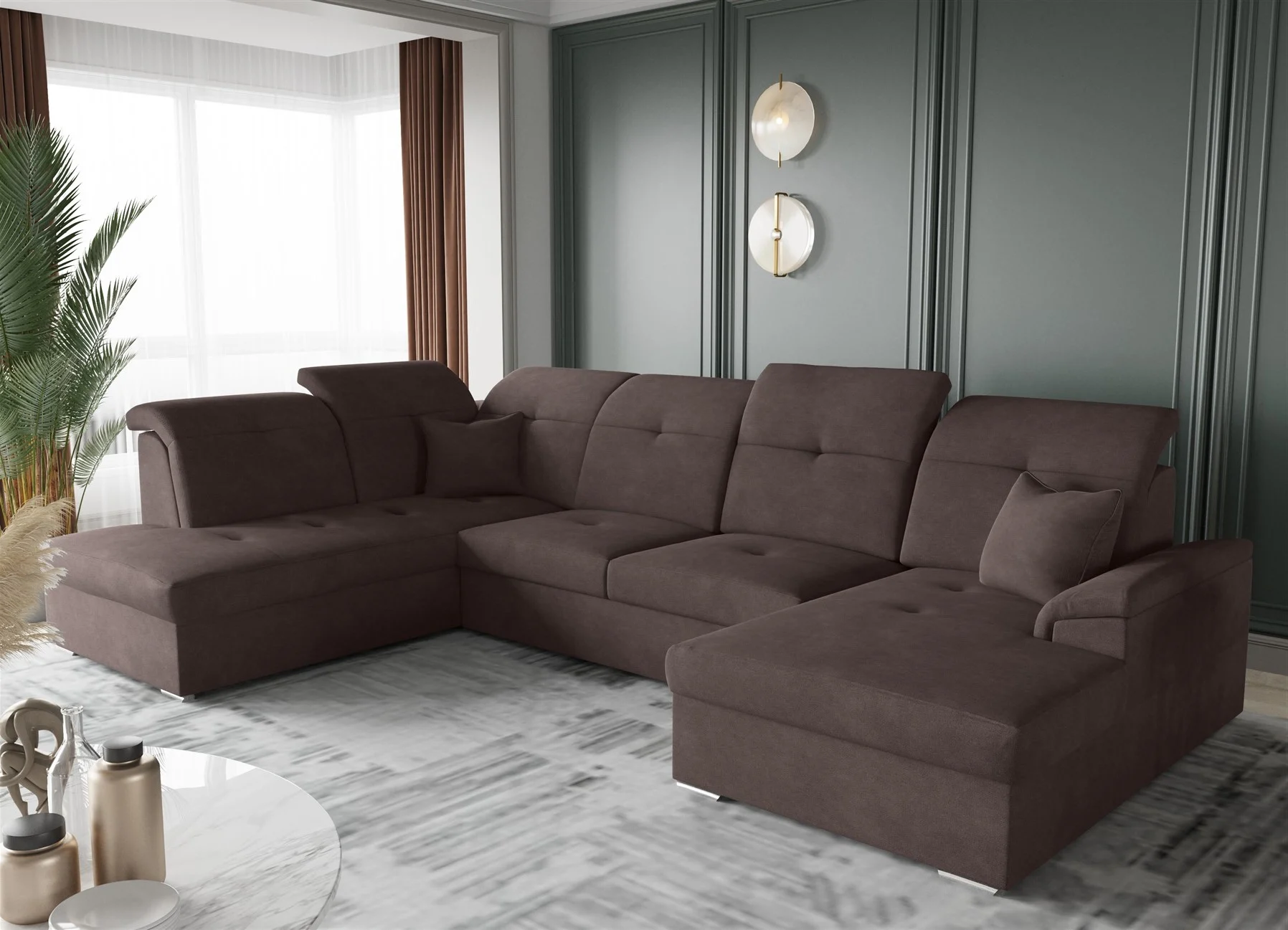 Wohnlandschaft Schlafsofa FREJA Stoff Schokoladenbraun Langer Schenkel Links - Fun Moebel