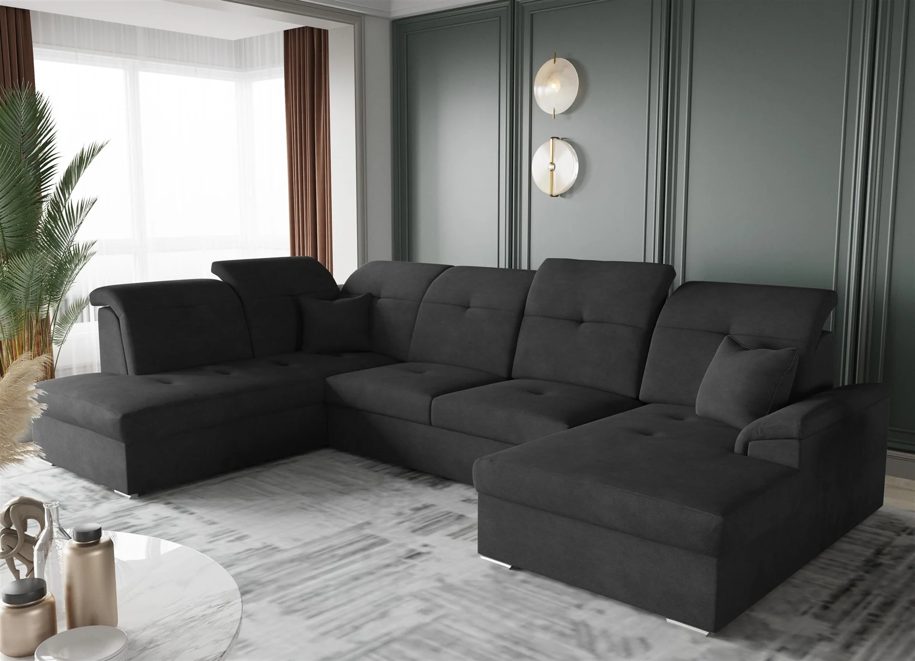 Wohnlandschaft Schlafsofa FREJA Stoff Brooklyn Schwarz Langer Schenkel Links - Fun Moebel
