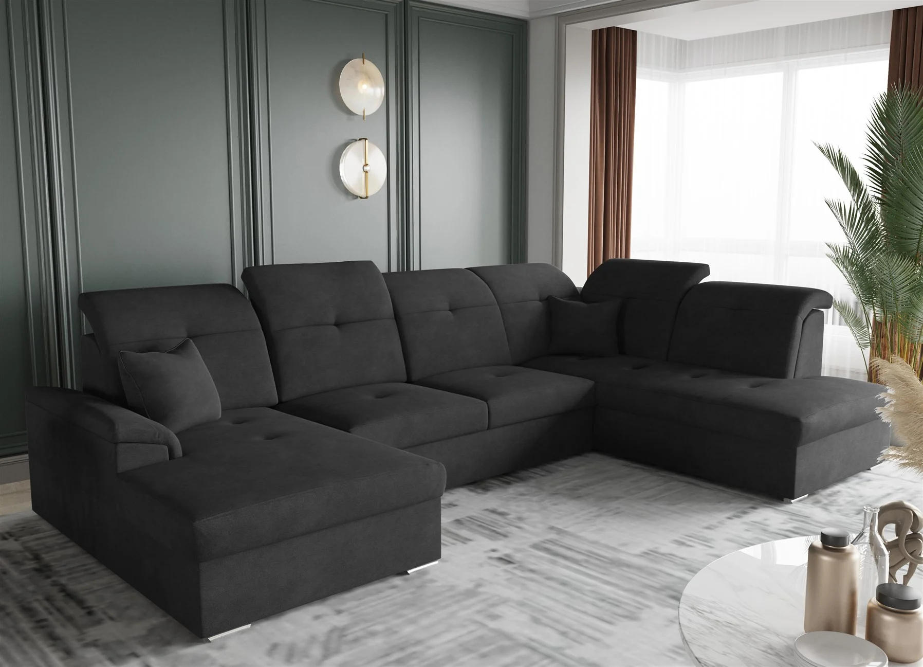 Wohnlandschaft Schlafsofa FREJA Stoff Brooklyn Schwarz Langer Schenkel Rechts - Fun Moebel