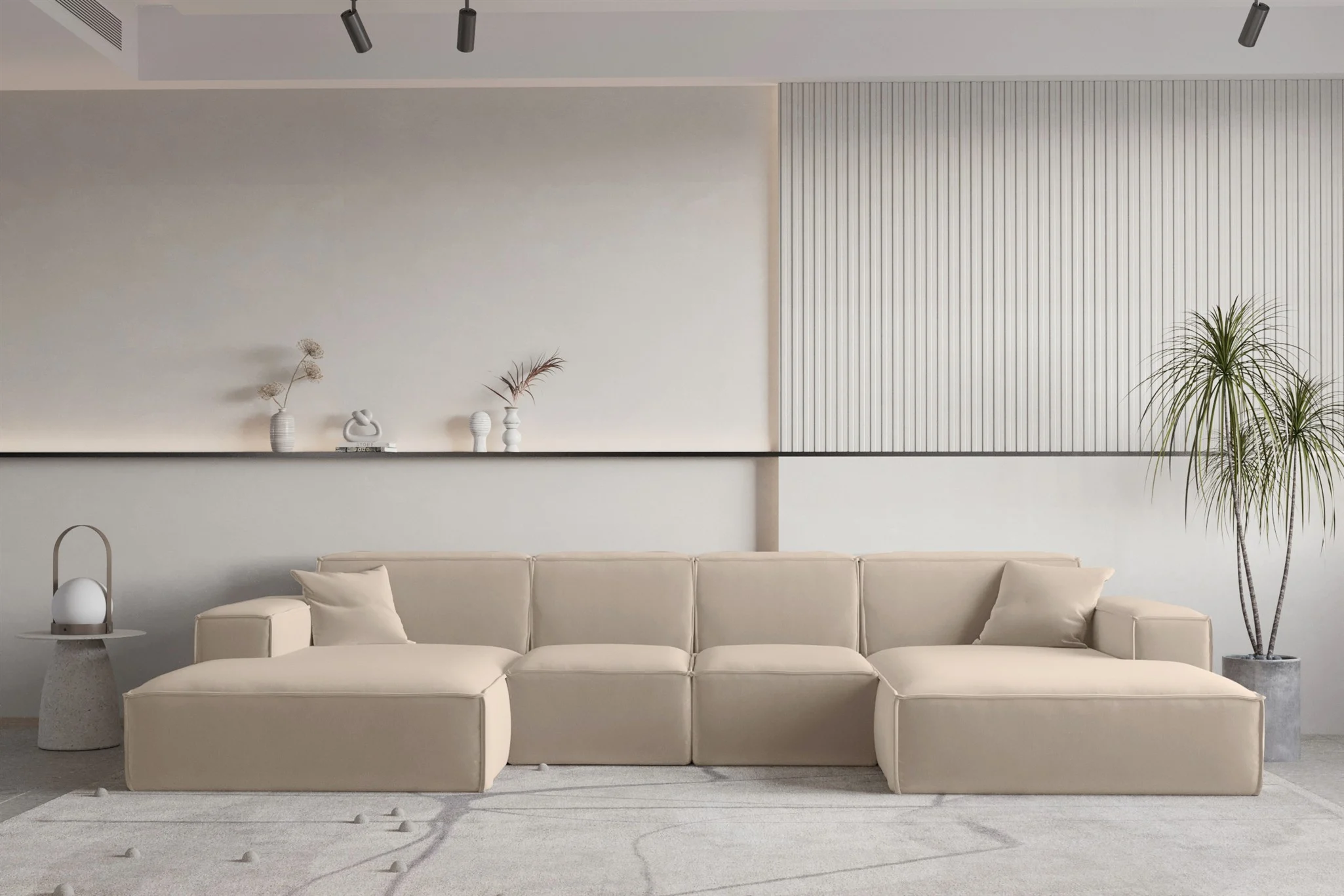 Wohnlandschaft U-Form CELES PREMIUM XS in Stoff Opera Velvet Sand