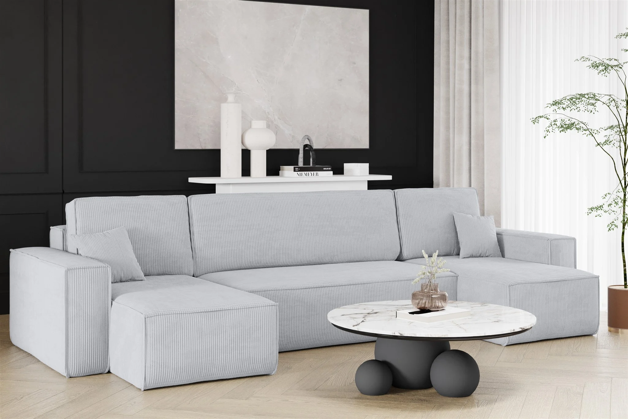 Wohnlandschaft Schlafsofa Sofa MARIS Stoff Poso Hellgrau - Fun Möbel