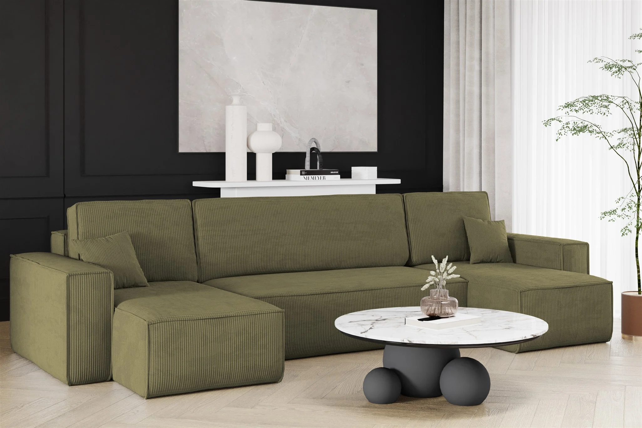 Wohnlandschaft Schlafsofa Sofa MARIS Stoff Poso Olivgrün - Fun Möbel
