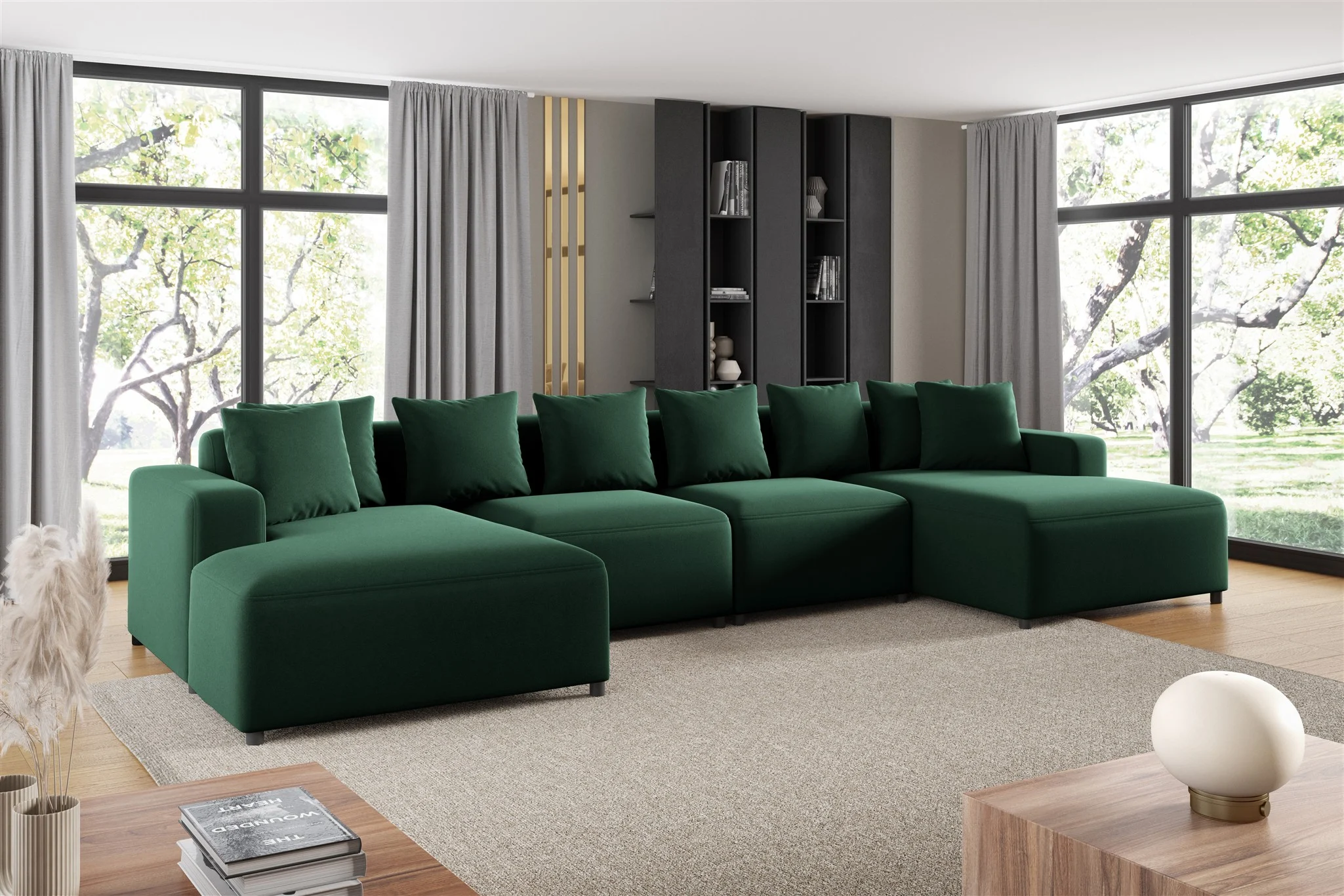 Wohnlandschaft Sofa U-Form Designersofa MEGAN in Stoff Salvador Dunkelgrün