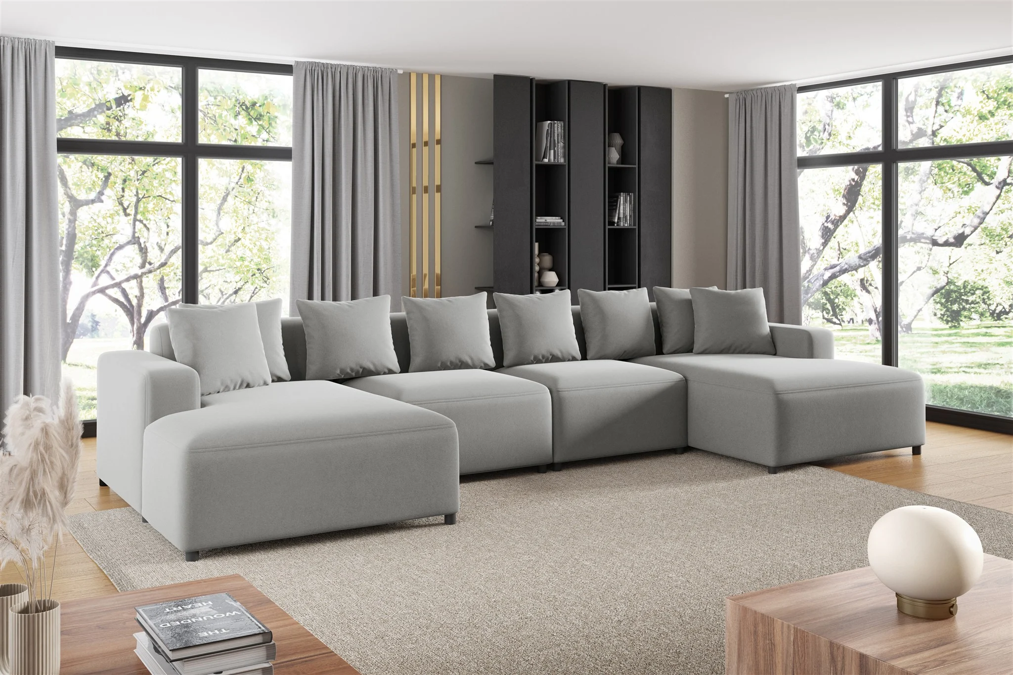 Wohnlandschaft Sofa U-Form Designersofa MEGAN in Stoff Salvador Hellgrau