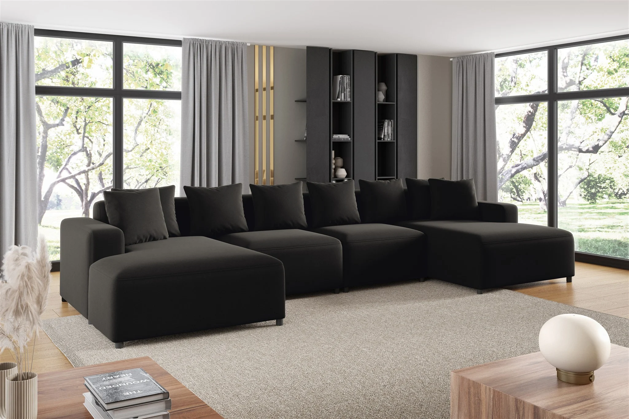Wohnlandschaft Sofa U-Form Designersofa MEGAN in Stoff Salvador Schwarz