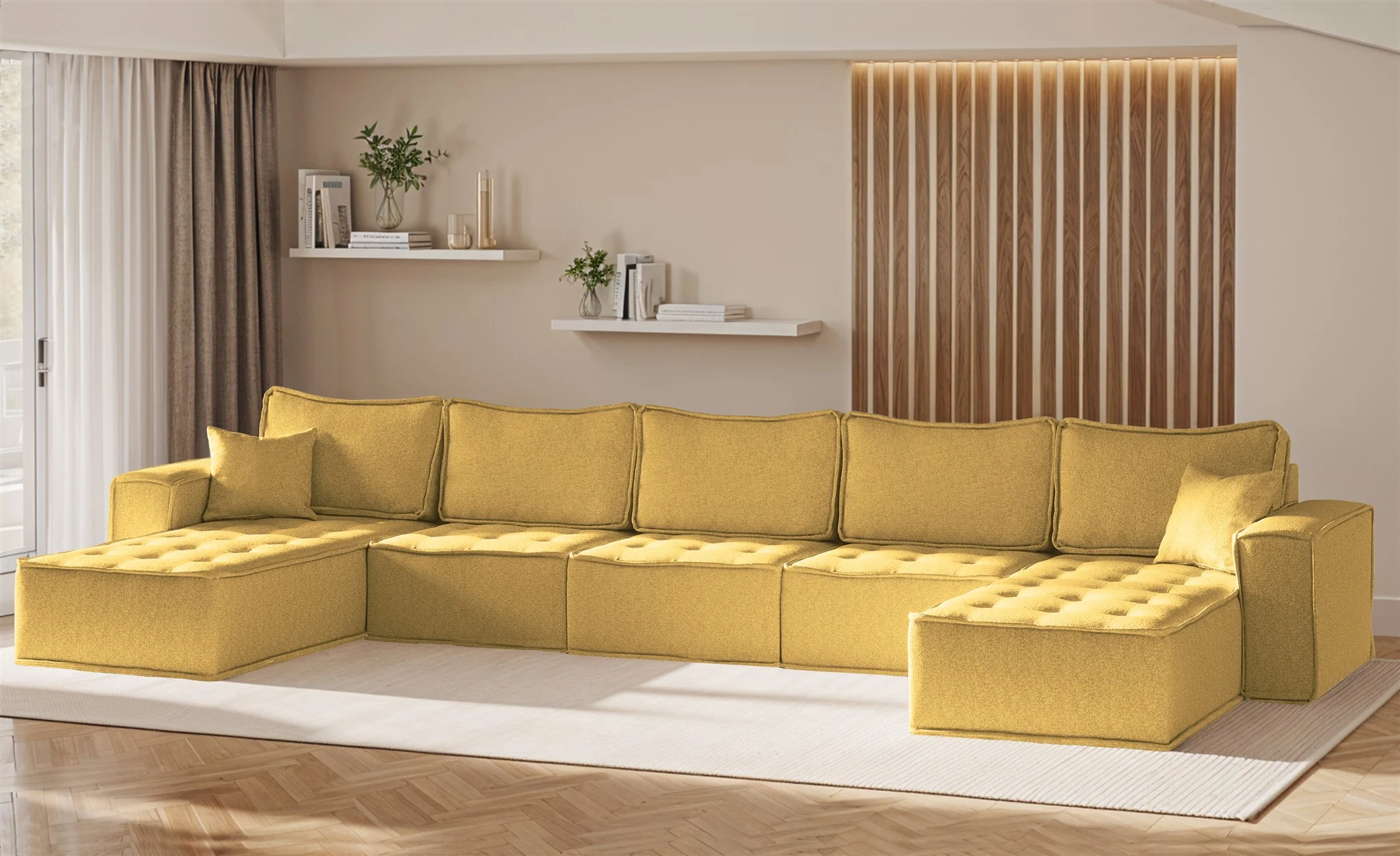 Wohnlandschaft Sofa U-Form Modulsofa-Set 5-teilig SANDE Stoff Raven Honiggelb