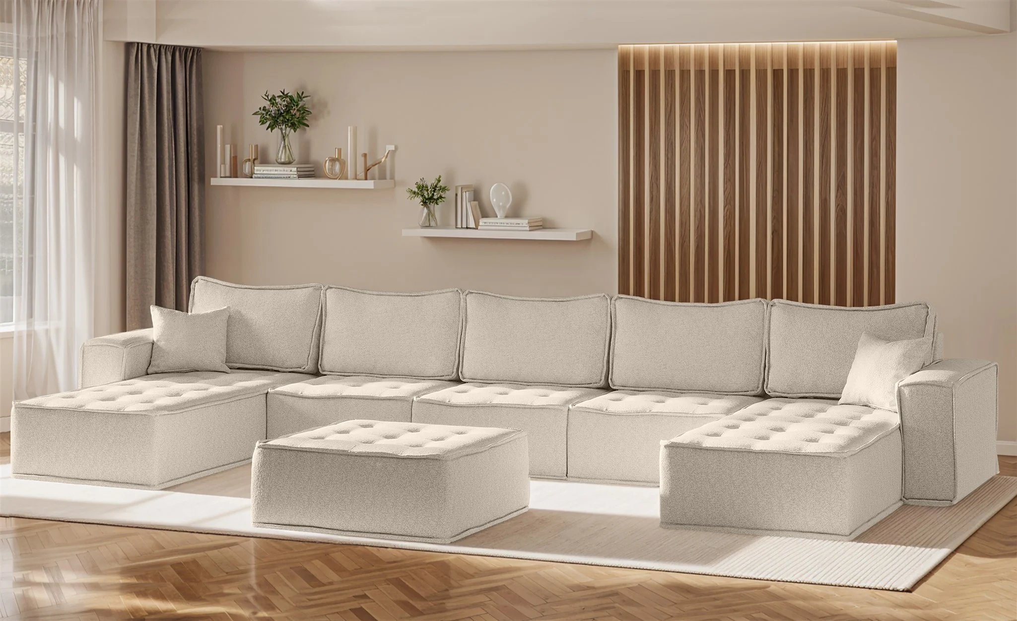 Wohnlandschaft Sofa U-Form Modulsofa-Set 6-teilig SANDE Stoff Alpine Beige