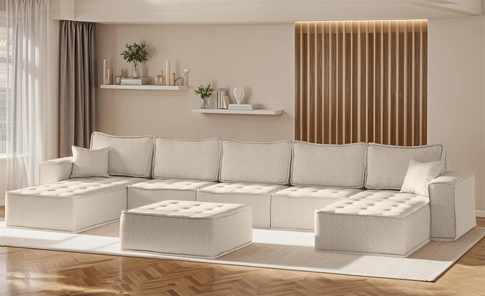 Wohnlandschaft Sofa U-Form Modulsofa-Set 6-teilig SANDE Stoff Raven Creme