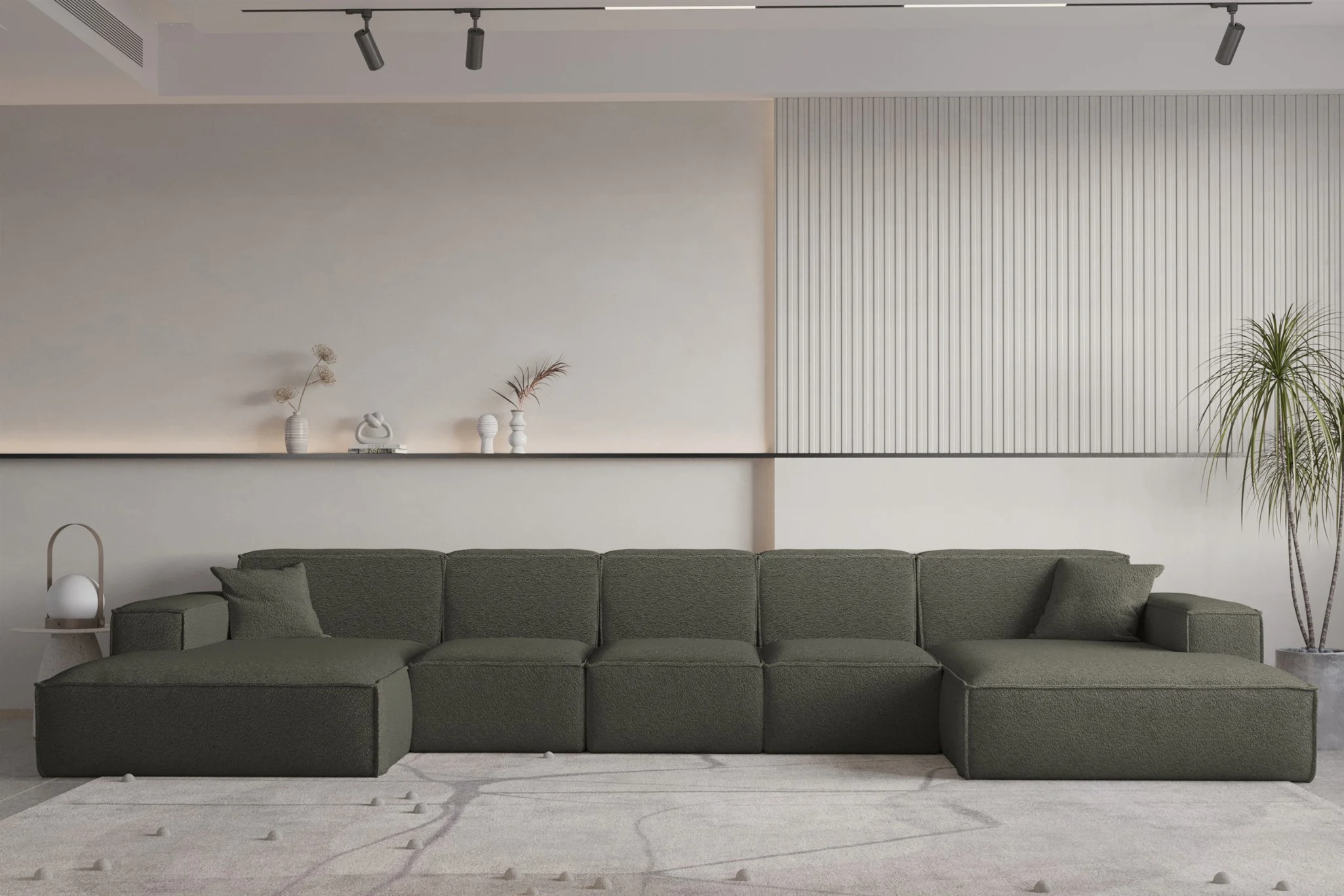 Wohnlandschaft U-Form CELES PREMIUM XL in Stoff Ascot Bukla Moosgrün