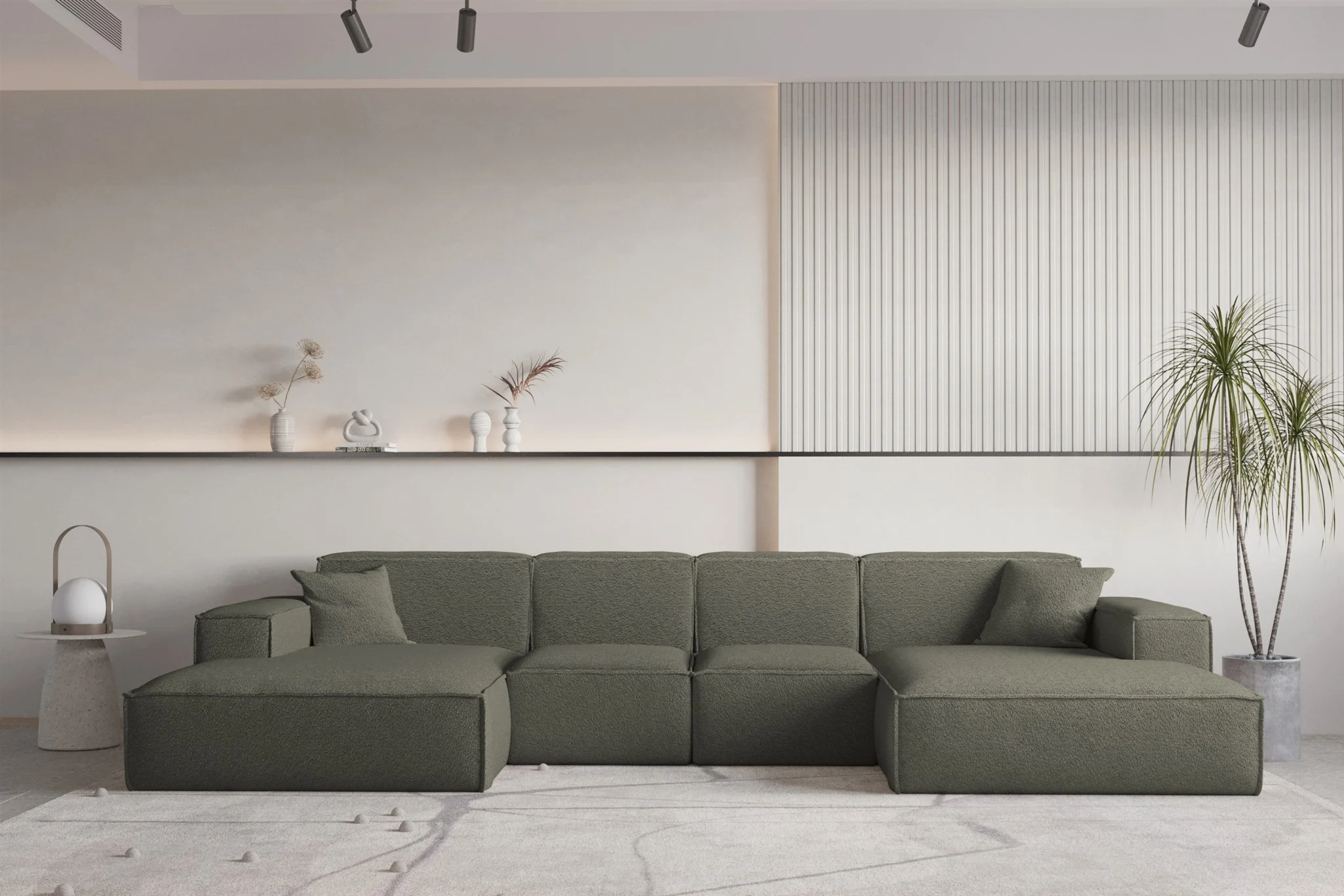 Wohnlandschaft U-Form CELES PREMIUM XS in Stoff Ascot Bukla Moosgrün