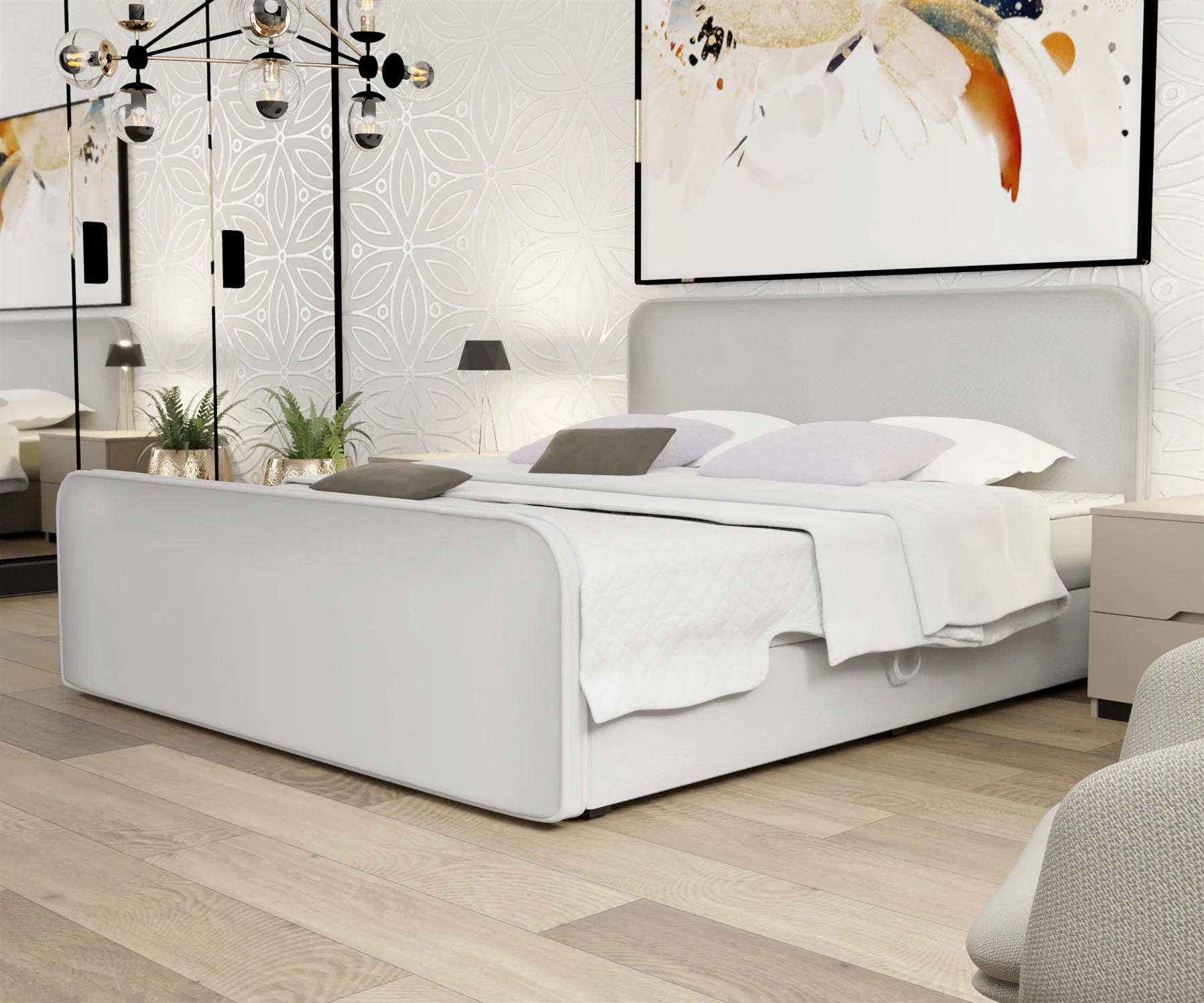 Boxspringbett Schlafzimmerbett MABEL 160x220cm Stoff Brooklyn Fog - Fun Moebel