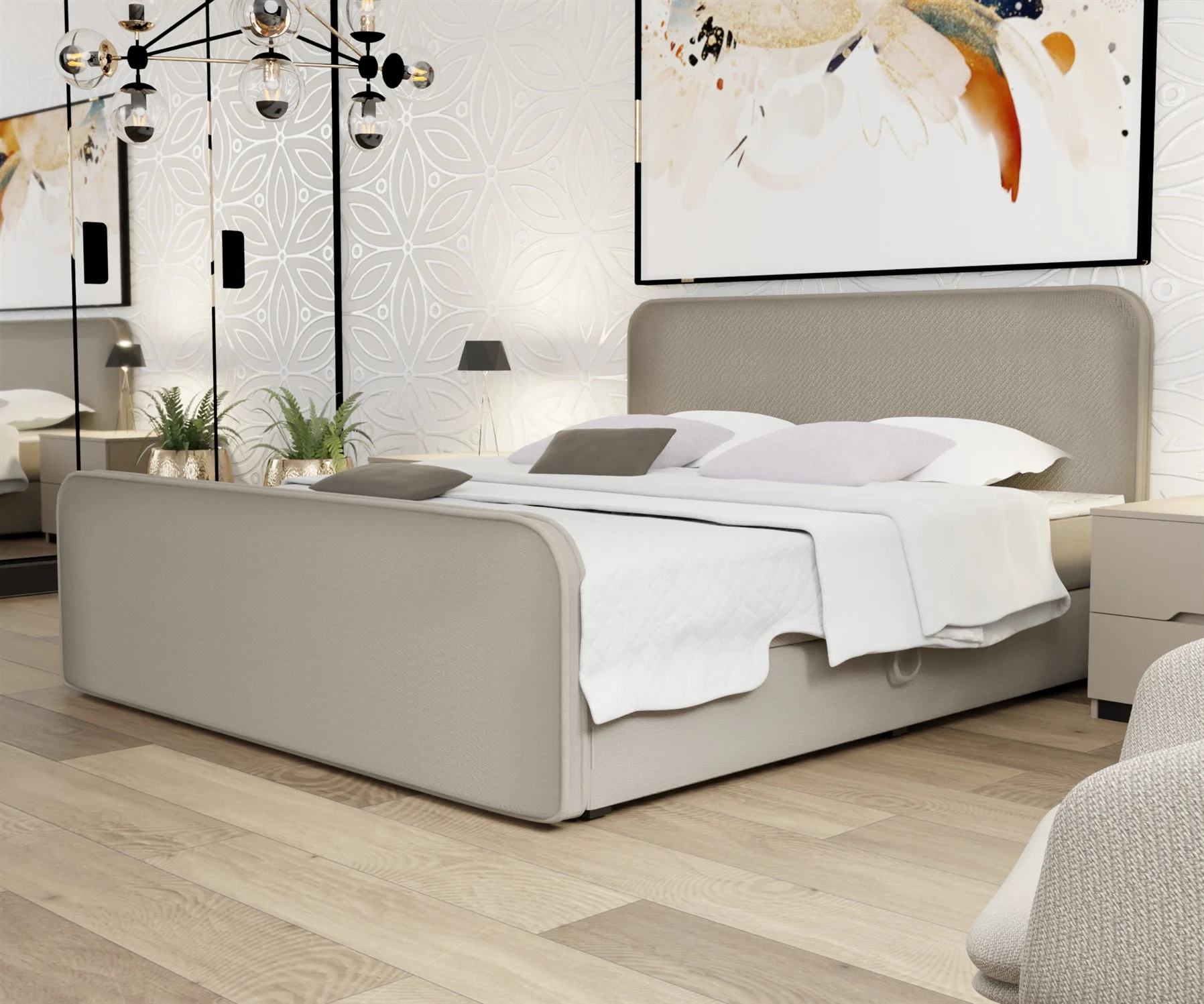 Boxspringbett Schlafzimmerbett MABEL 140x220cm Stoff Brooklyn Mud - Fun Moebel
