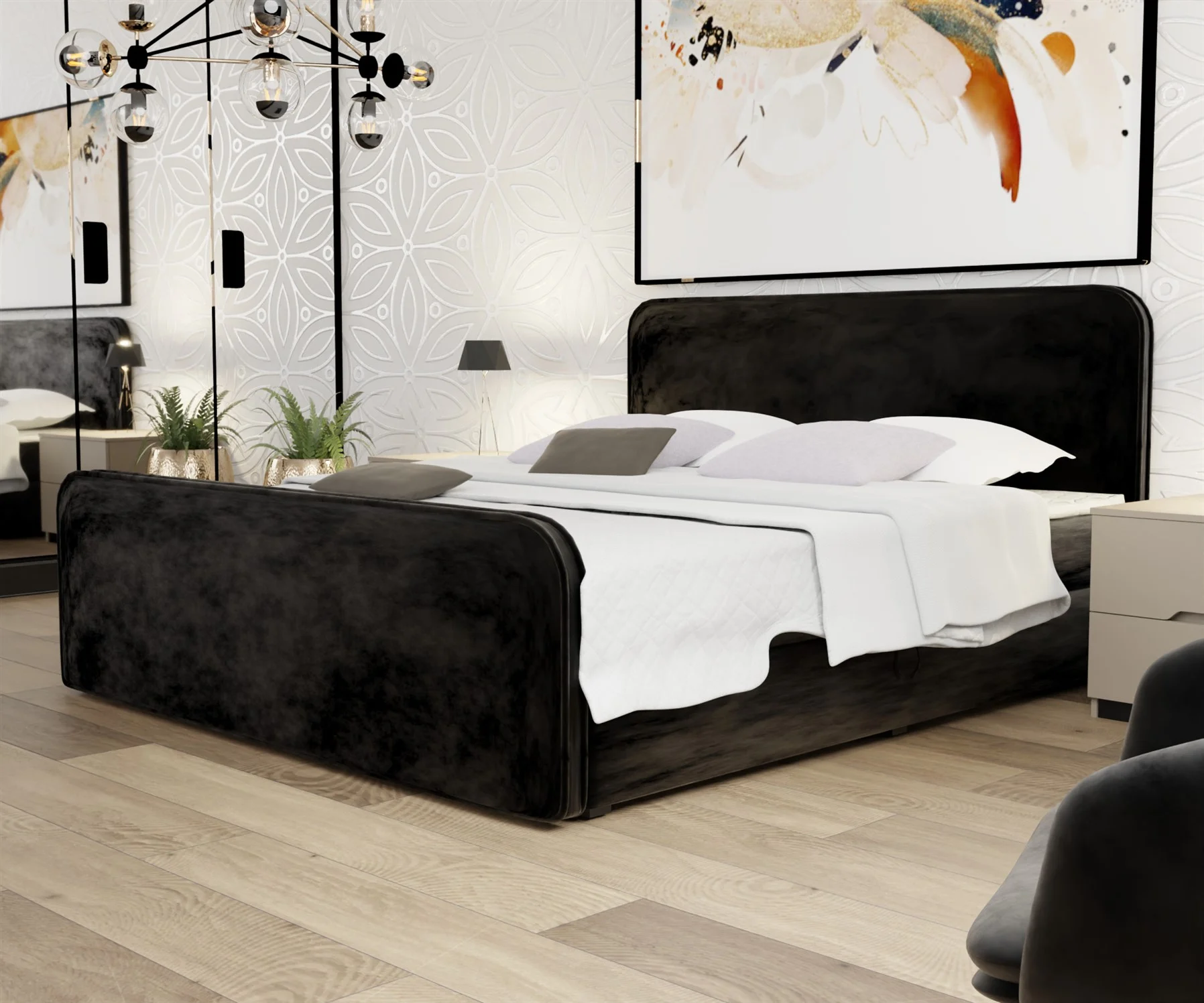 Boxspringbett Schlafzimmerbett MABEL 140x220cm Stoff Opera Velvet Schwarz - Fun Moebel