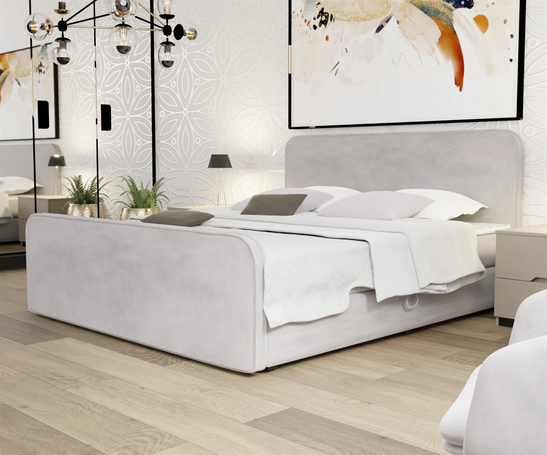 Boxspringbett Schlafzimmerbett MABEL 140x220cm Stoff Opera Velvet Hellgrau - Fun Moebel