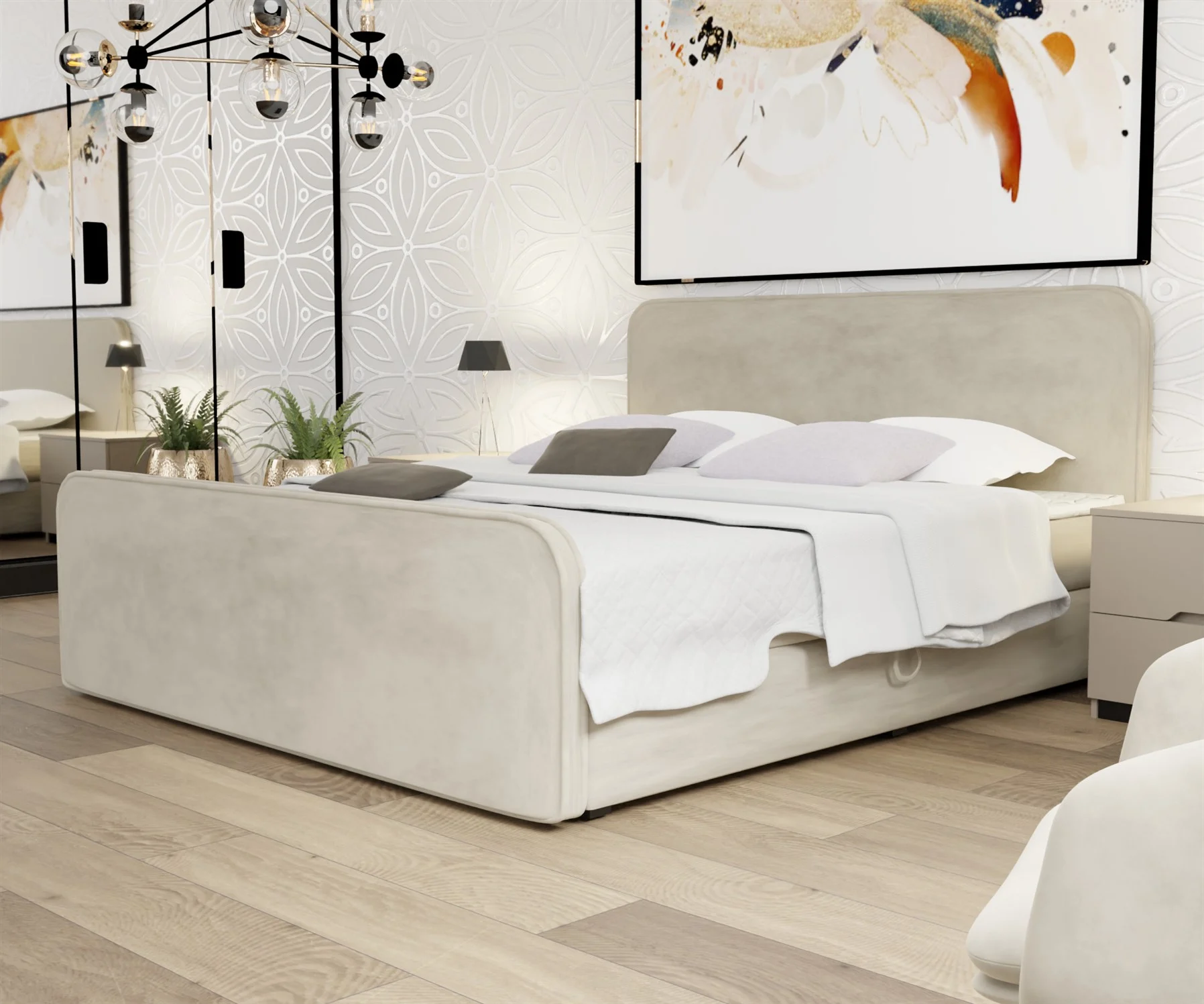 Boxspringbett Schlafzimmerbett MABEL 140x220cm Stoff Opera Velvet Pearl - Fun Moebel