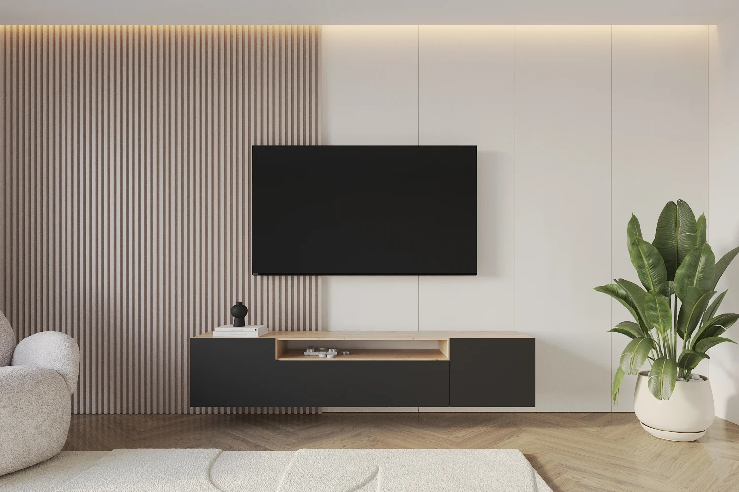 Lowboard ELIO offen Artisan und Schwarz 200 cm - Altdecor