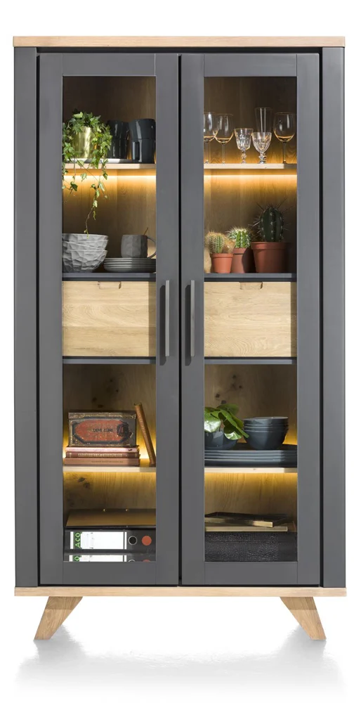 Henders & Hazel Jardin Vitrine 2 Glastüren+2 Schubladen+LED MDF/Eiche Furnier 110x200 cm