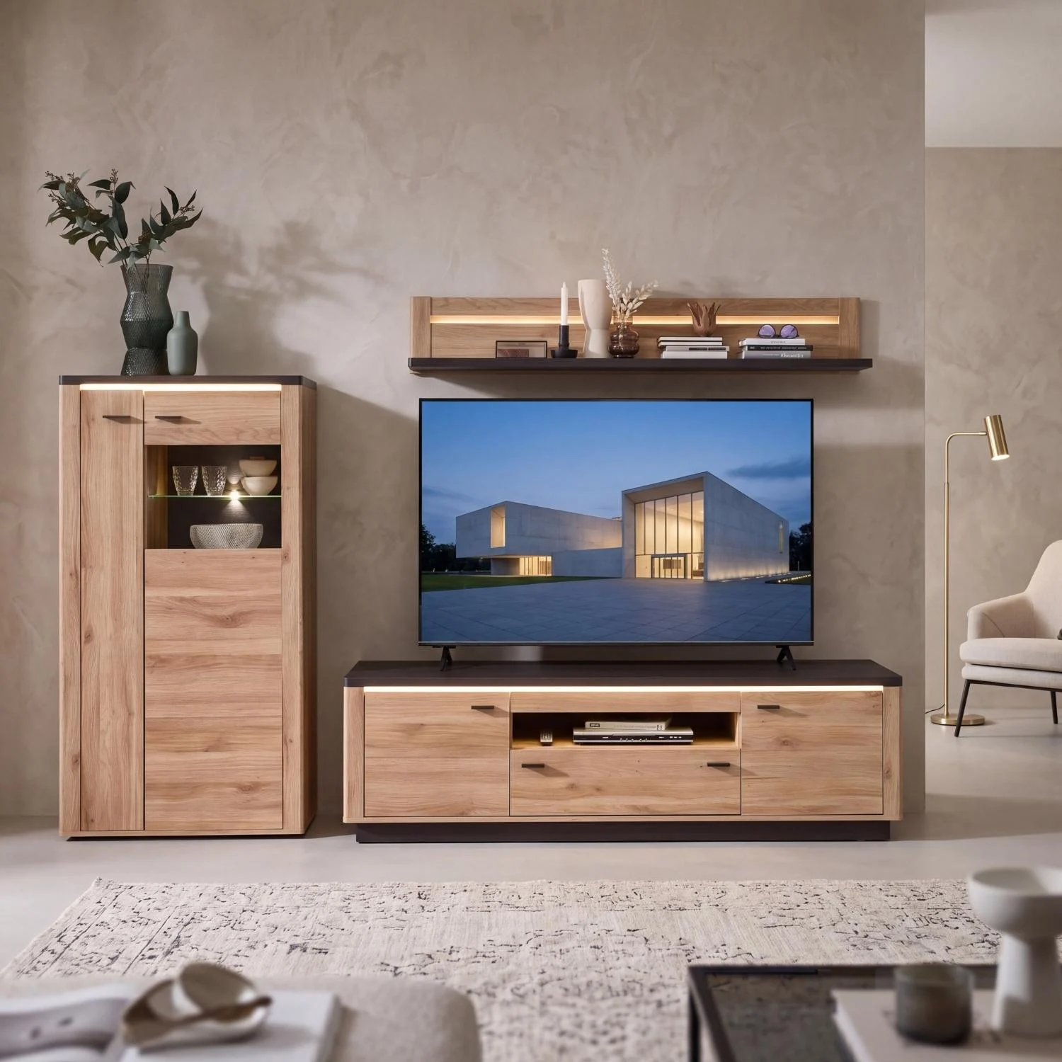 Innostyle Tina Wohnwand Holzwerkstoff Eiche nachbildung Mauvella inkl LED-Beleuchtung