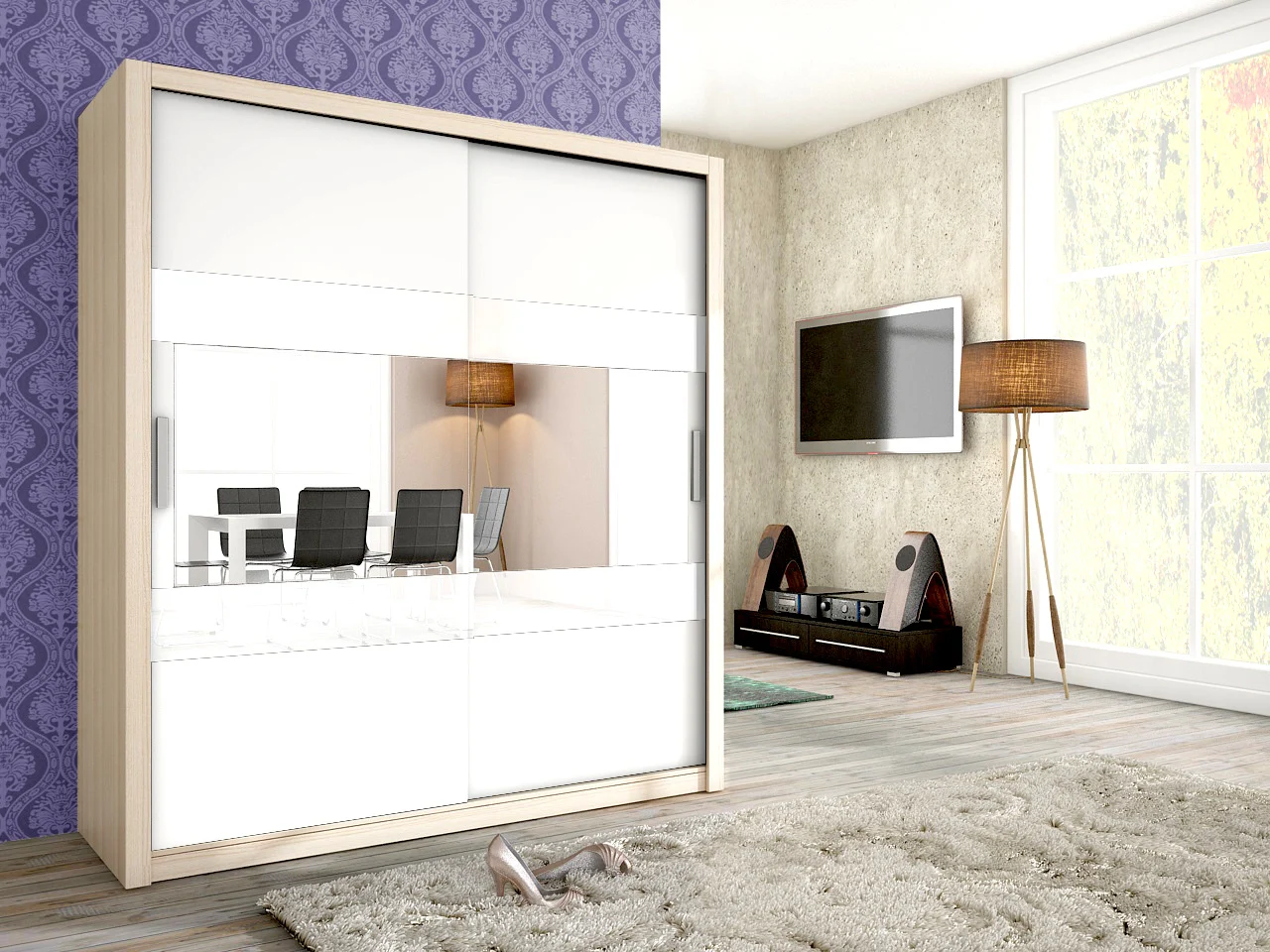 Schiebetürenschrank Schrank EMIL Esche / Weiss + Weissglas 180x200 cm - Fun Moebel
