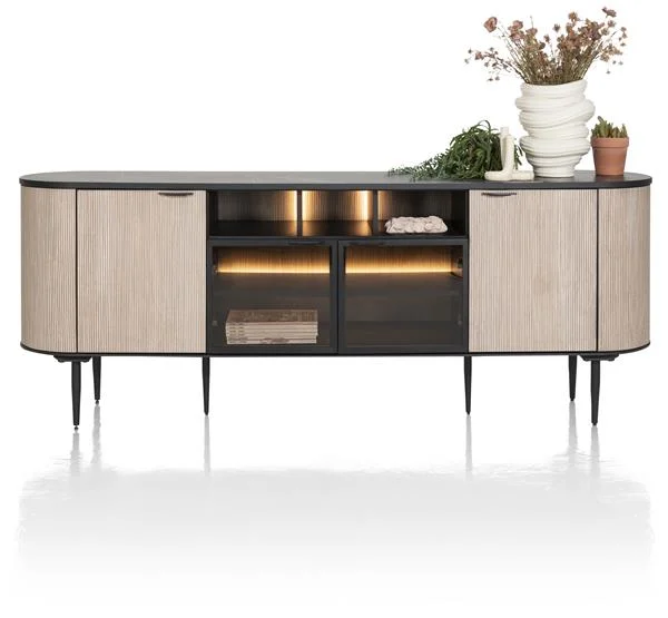 XOOON Aramon Sideboard inkl. 2 Türen + 2 Glastüren mit LED Metall/HPL