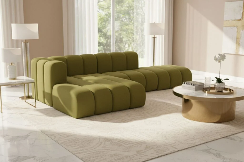 Velours Ecksofa Grand Mini mit Hocker moderne modulare Sofa für das Wohnzimmer in Stoff Salvador
