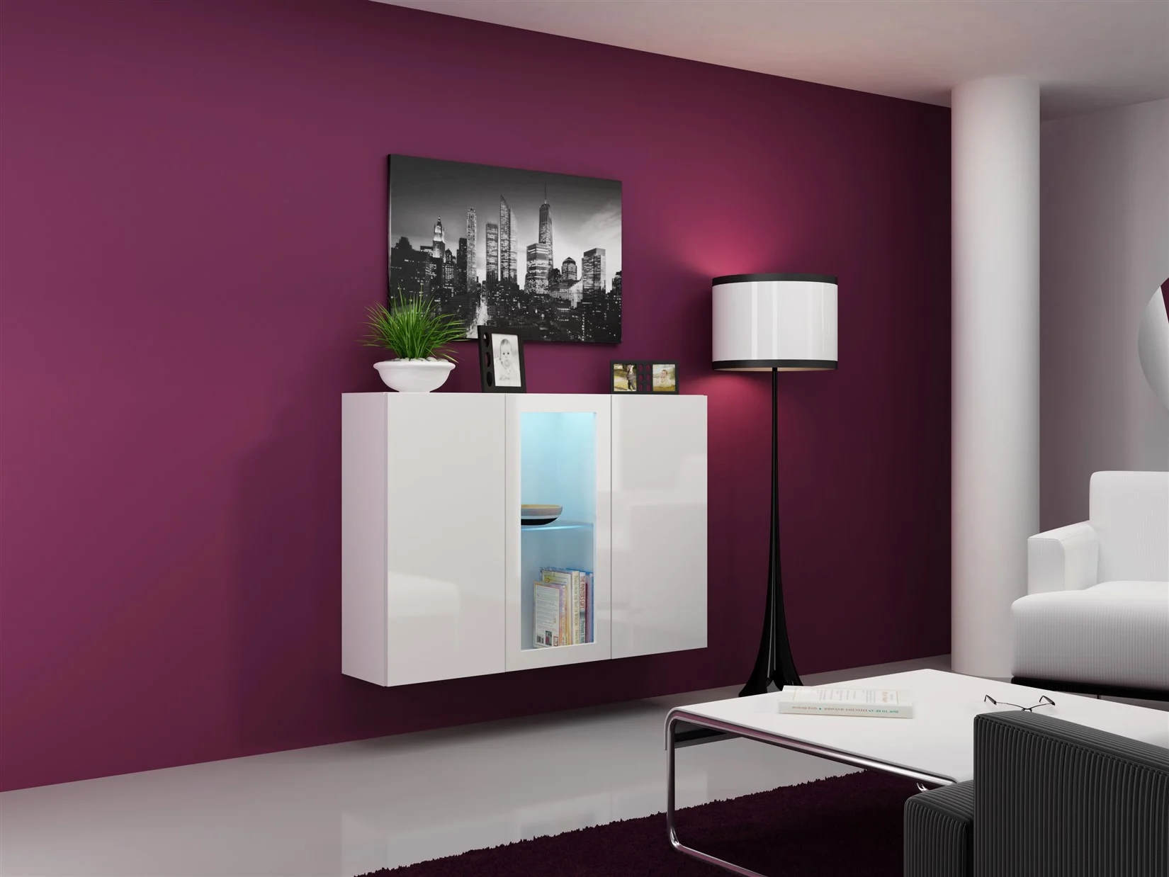 Sideboard Hängesideboard "LUGO" 120x38x90 cm Weiss HGL mit LED - Fun Möbel