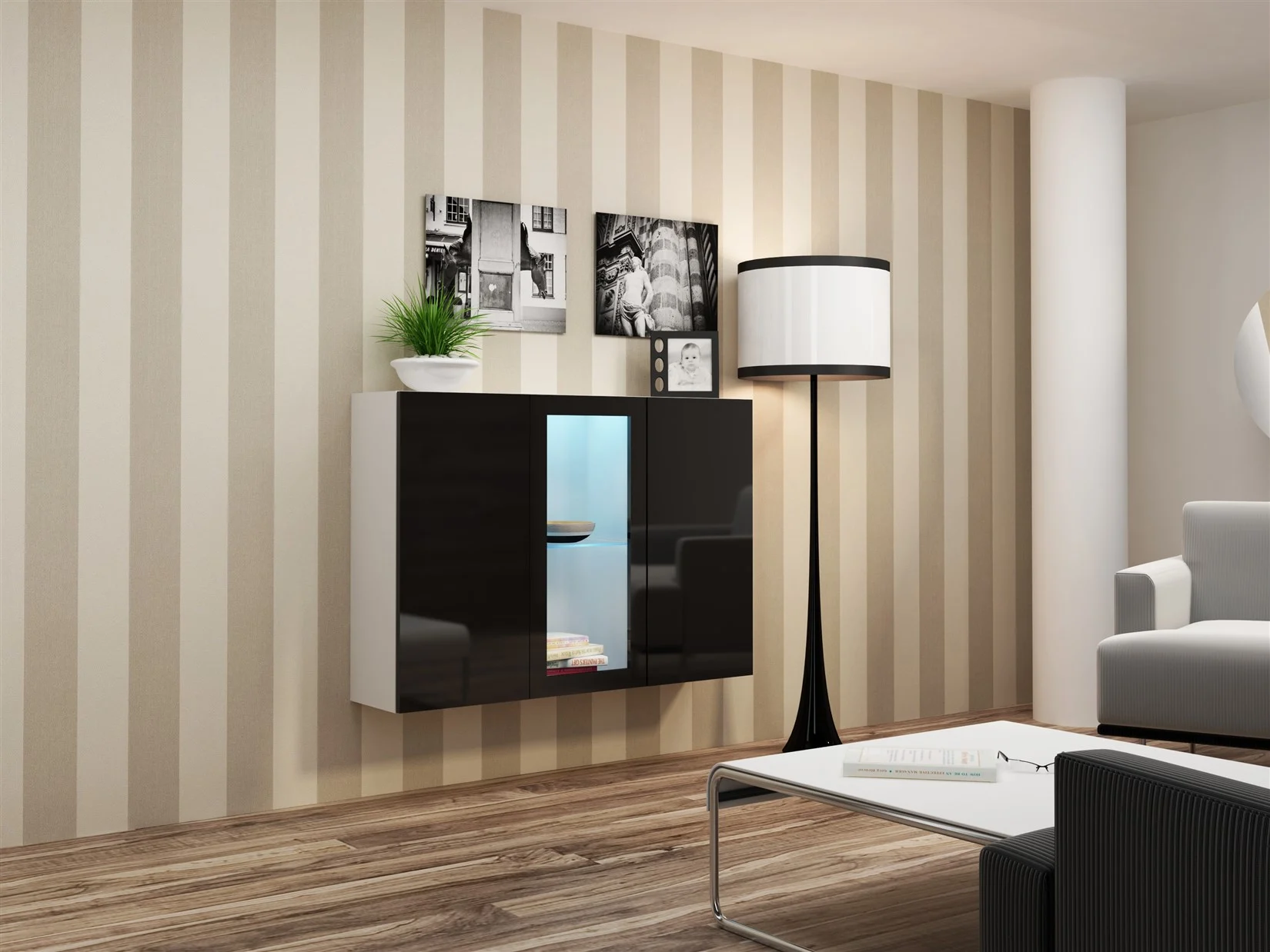 Sideboard Hängesideboard "LUGO" 120x38x90 cm Weiss/Schwarz HGL mit LED - Fun Möbel