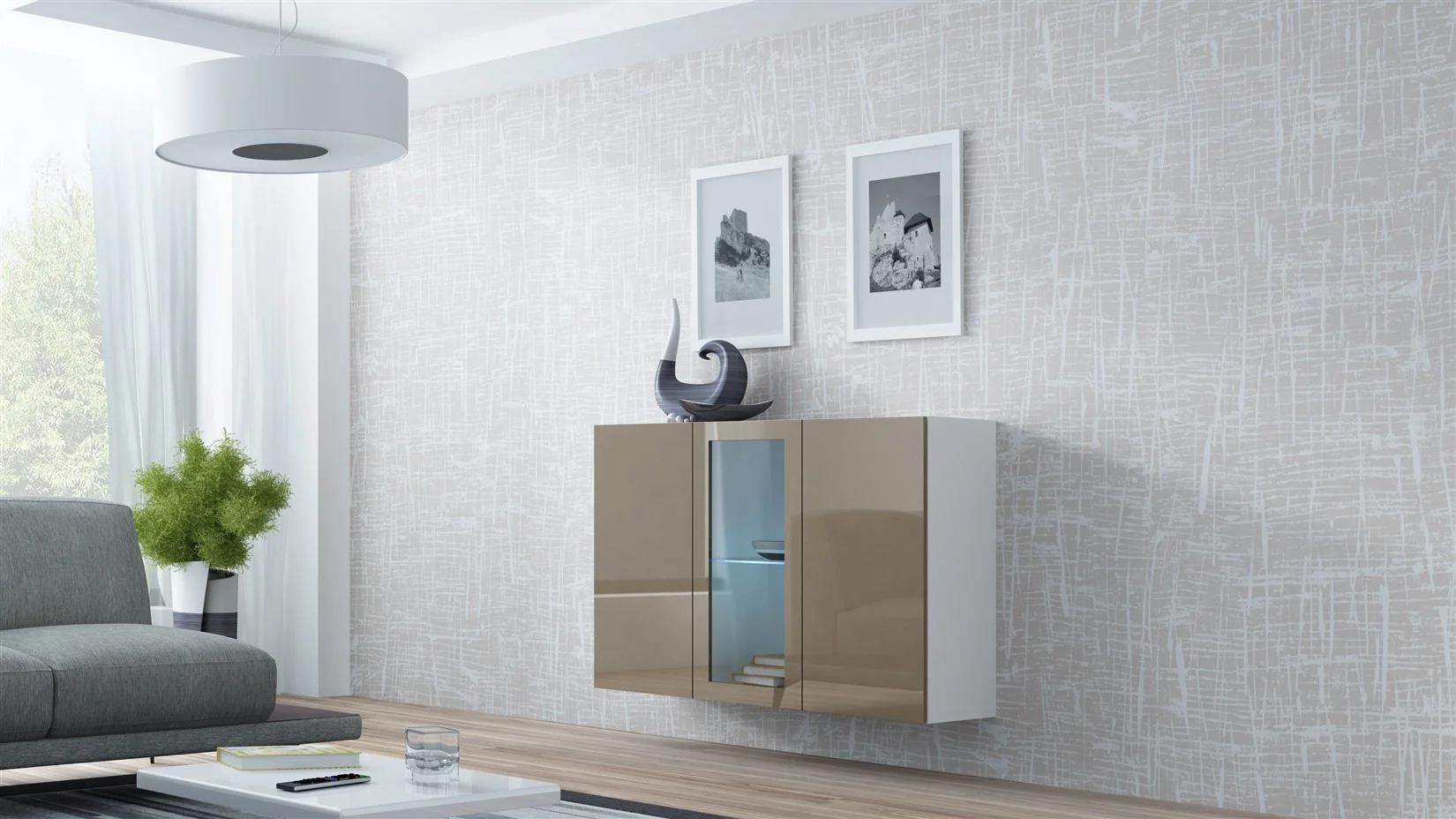 Sideboard Hängesideboard "LUGO" 120x38x90 cm Weiss/ Latte HGL mit LED - Fun Möbel