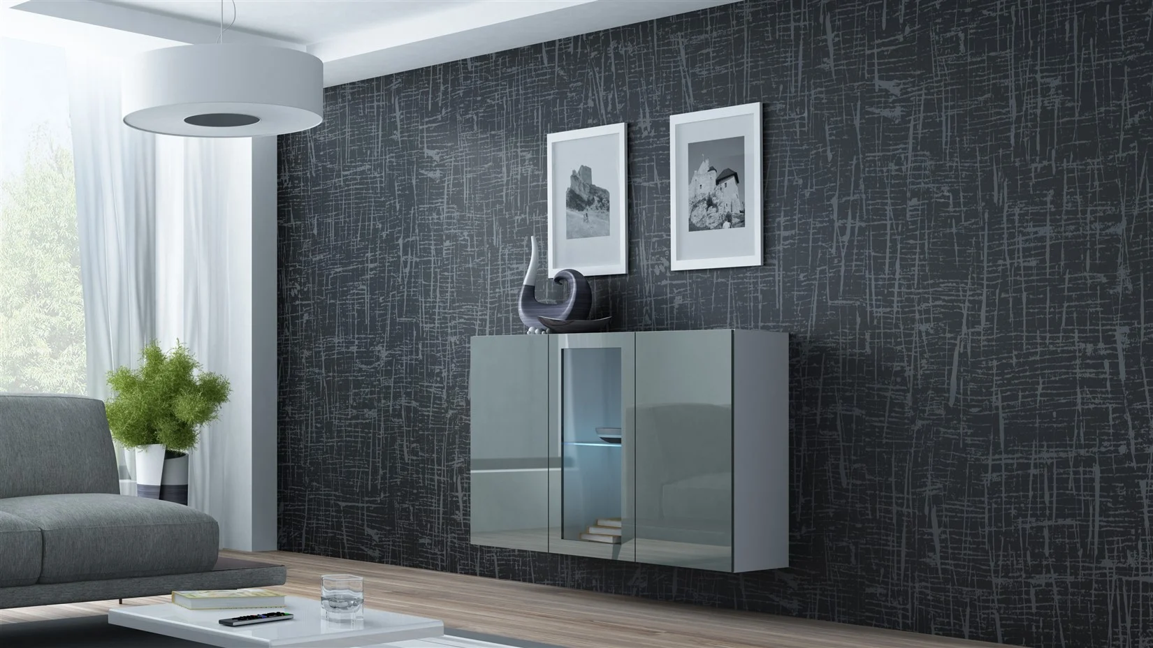 Sideboard Hängesideboard "LUGO" 120x38x90 cm Weiss/ Grau HGL mit LED - Fun Möbel