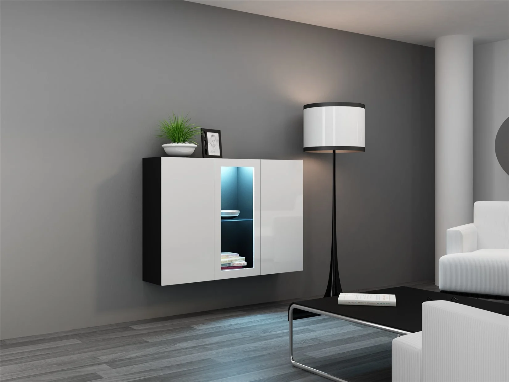 Sideboard Hängesideboard "LUGO" 120x38x90 cm Schwarz/Weiss HGL mit LED - Fun Möbel