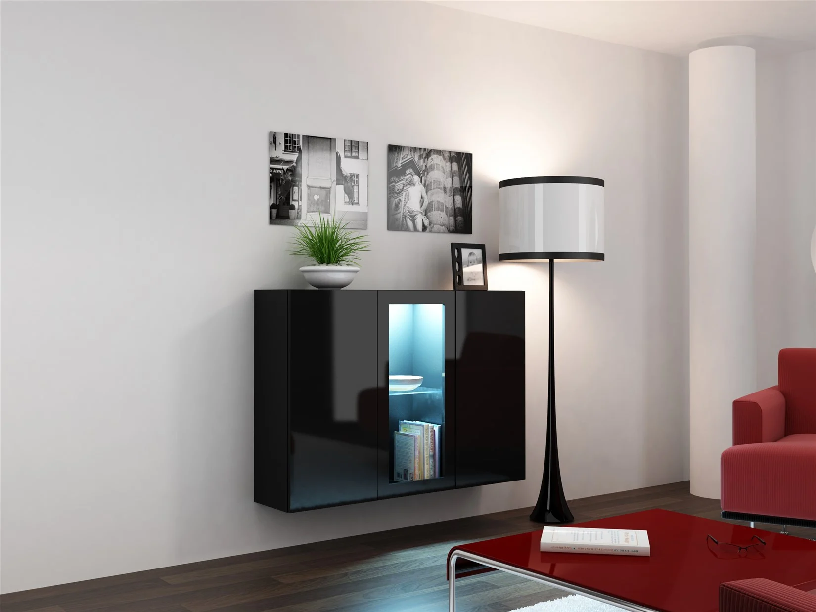 Sideboard Hängesideboard "LUGO" 120x38x90 cm Schwarz HGL mit LED - Fun Möbel