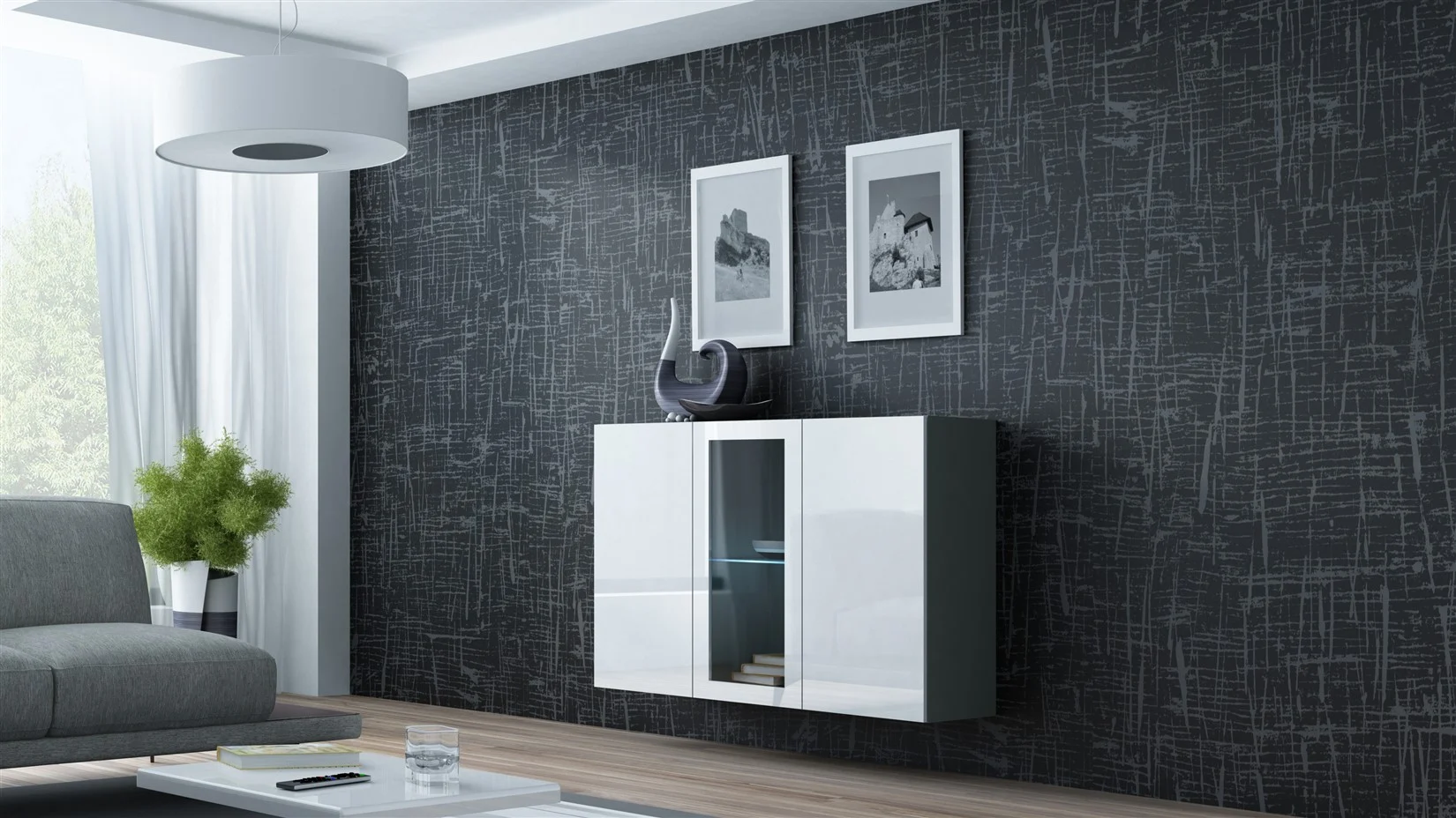 Sideboard Hängesideboard "LUGO" 120x38x90 cm Grau/ Weiss HGL mit LED - Fun Möbel