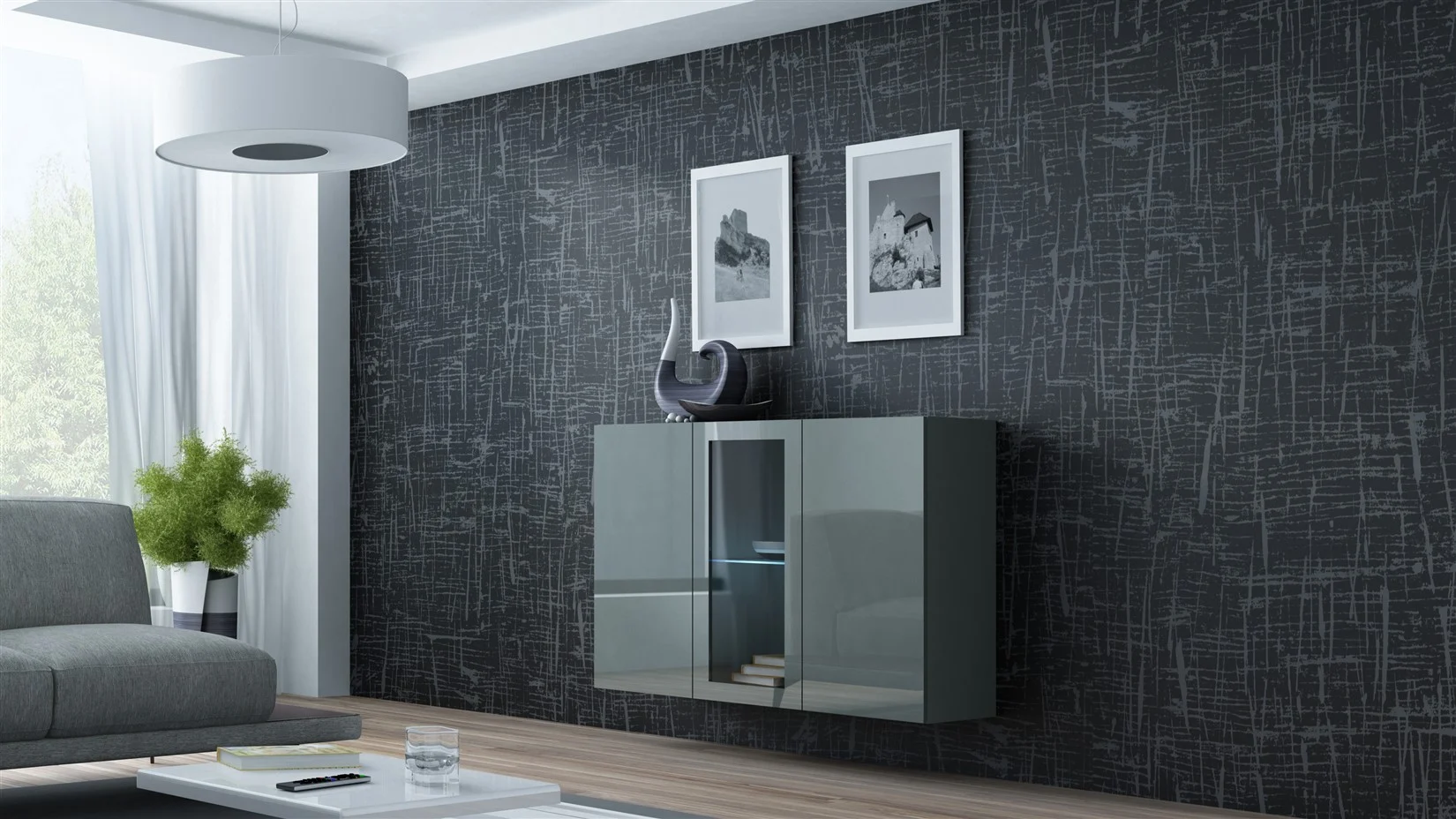 Sideboard Hängesideboard "LUGO" 120x38x90 cm Grau Hochglanz inkl. LED - Fun Möbel